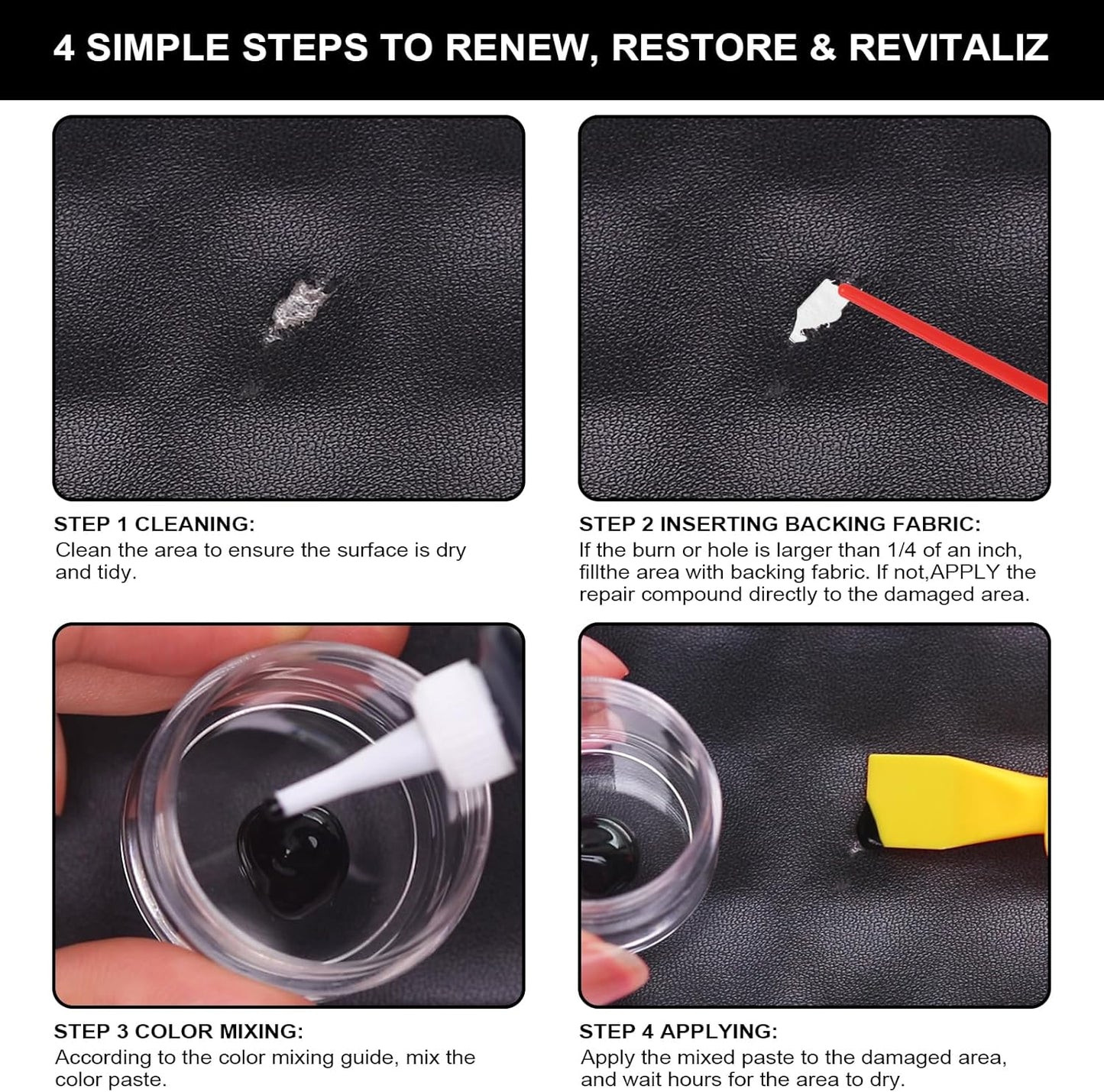 STARTSO WORLD Black Leather Repair Kit, Vinyl Repair kit for Car Interiors, Furniture, Couches, Car Seat, Sofa, Jacket and Purse, Restores Faux, Artificial, Genuine Pleather