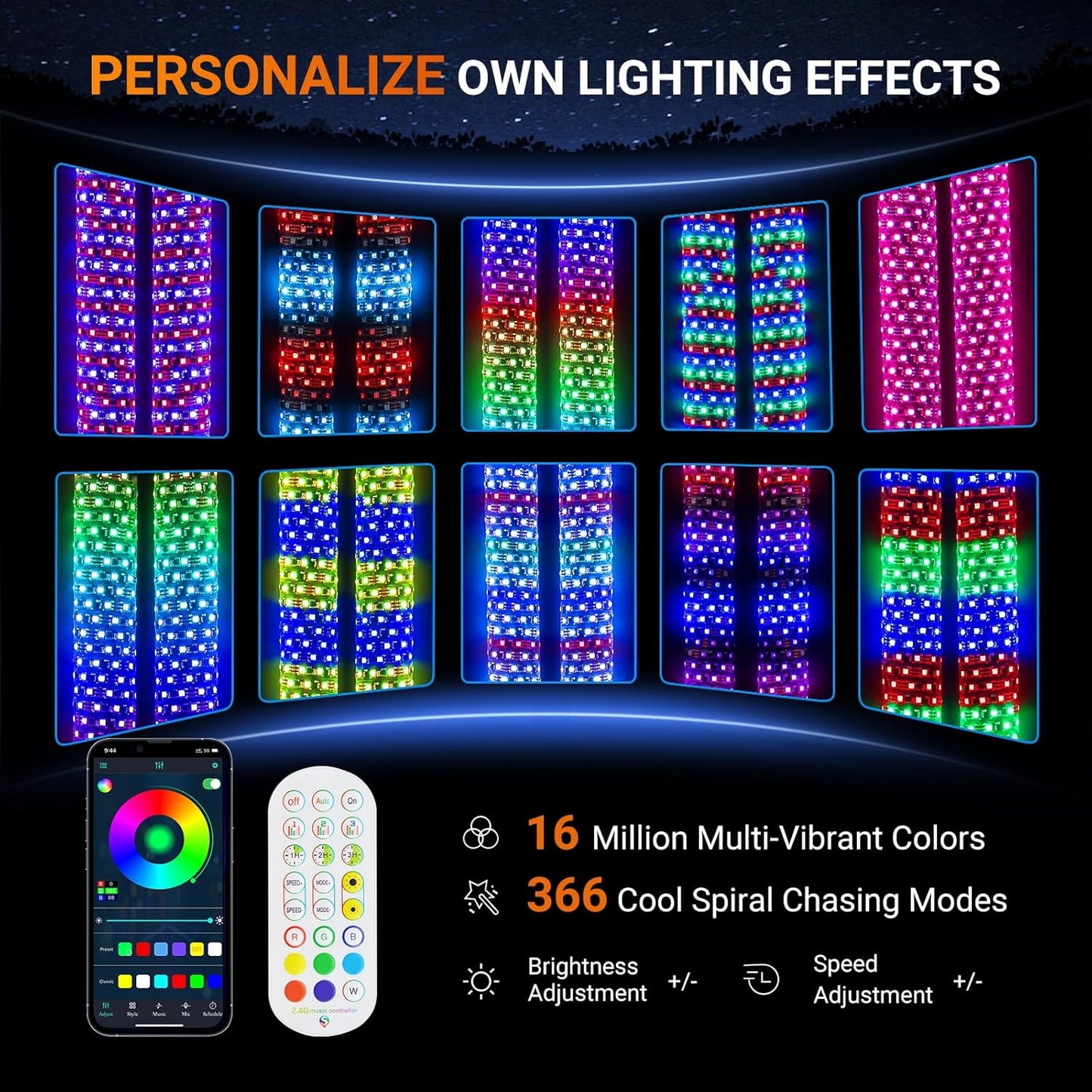 2PCS 4FT Fat Whip Lights for UTV ATV with Spring Base, Led Fatty Whip Light W/Rocker Switch & 6 Flags, Brighter Spiral Chasing Lighted Antenna Whip with APP & Remote Control for RZR SXS Can-Am