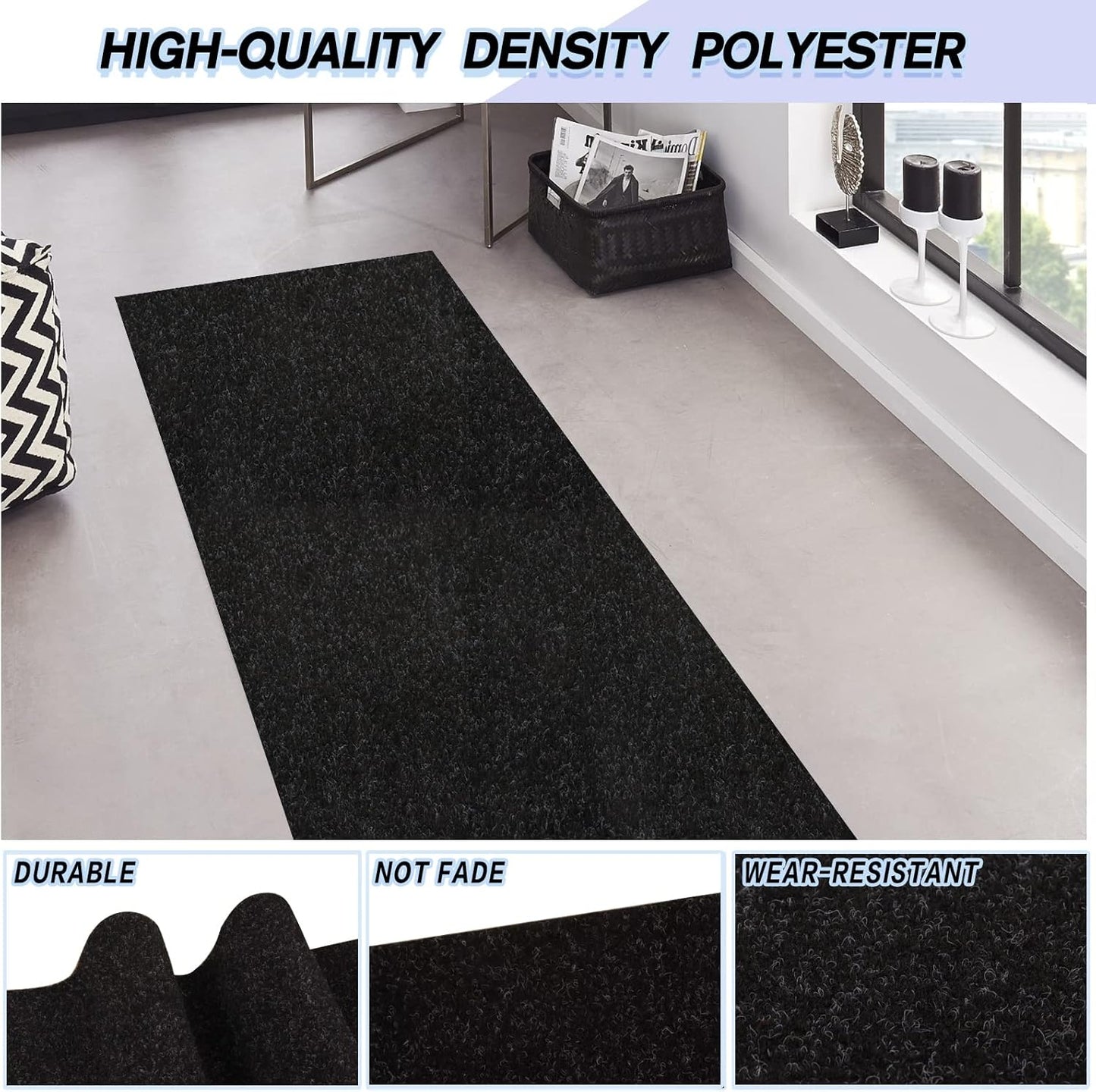 Custom Size Backed Non-Slip Area Rugs Runner, Easy Clean, Waterproof Runner Rugs for Hallway Entryway, Kitchen, Laundry, 4FT x 47FT, Black