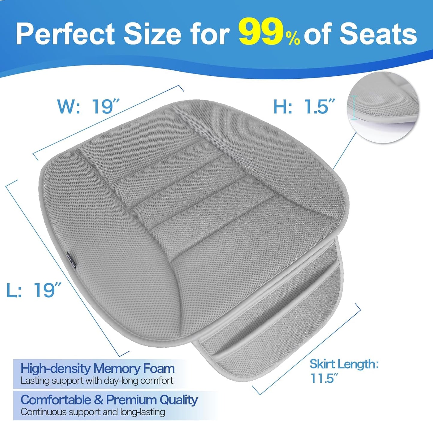 Premium Car Seat Cushion, Driver Cushion with Comfort Memory Foam & Non-Slip Rubber Bottom, Car Seat Pad Works with 95% of Vehicles and Office Chair or Home - 4D Gray
