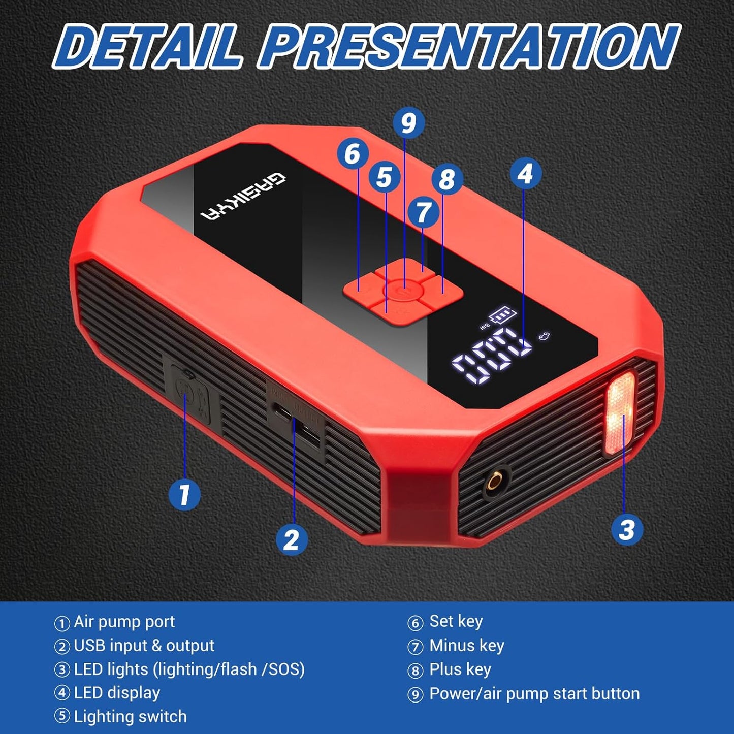 TM16E2 Car Jump Starter 7000Ah Jump Starter Battery Pack for Up to 5.0L Gas and 3.0L Diesel Engines, 29.6Wh Portable 12V Jump Box with USB Ports, LCD Display, Storage Case, and LED Light