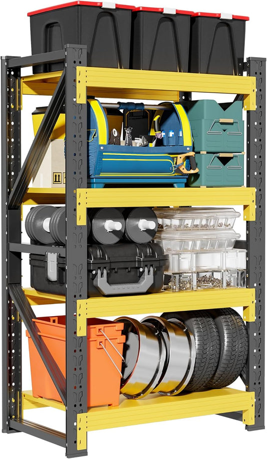4-Tier Storage Shelves,79" H Heavy-Duty Garage Shelving Unit,Adjustable Industrial Metal Shelf System,4,000lbs Capacity,Tool Organizer for Garage,Workshop,48" W*24" D*79" H,Black&Yellow