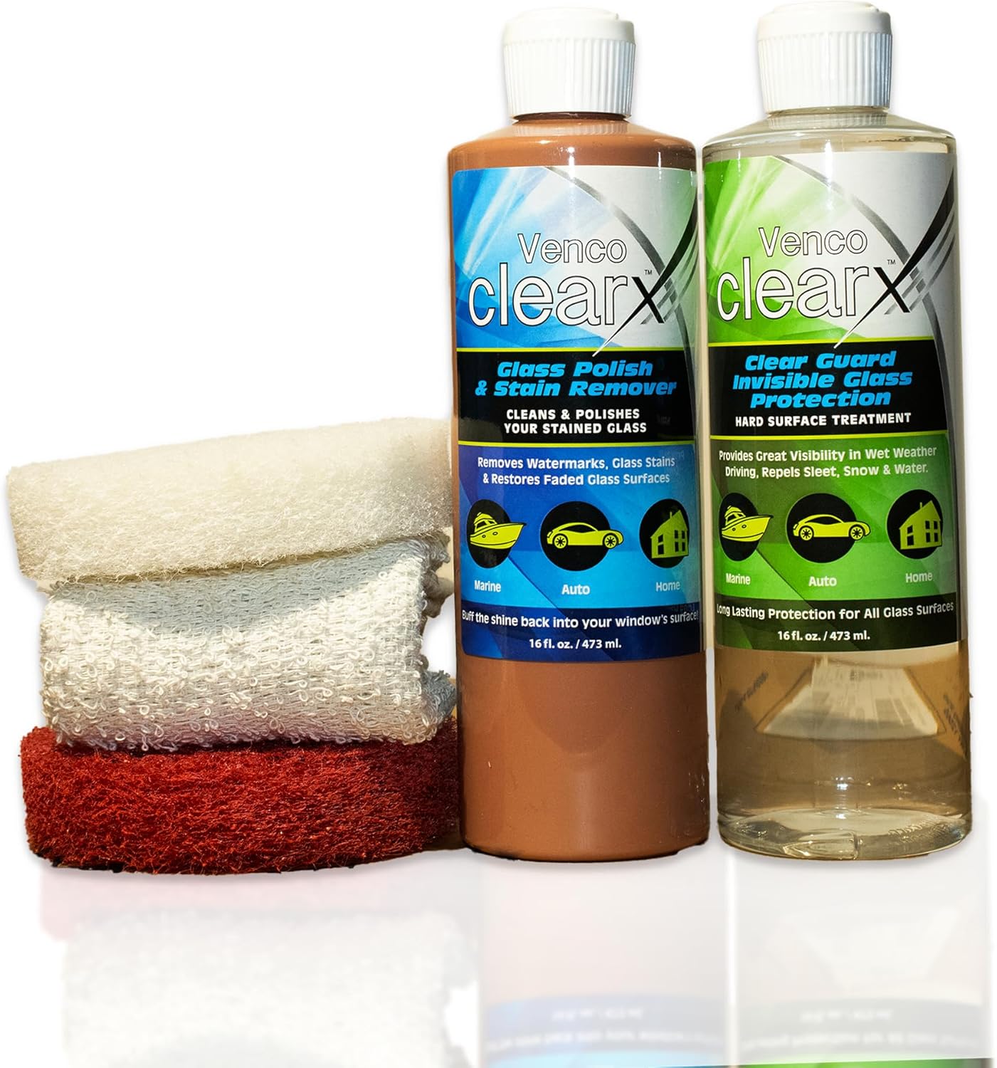 Venco Clear X Glass Polish & Protector - 16oz Kit for Removing Rust, Burnt-In Stains, Water Spots - Protects & Repels Water, Snow - Ideal for Yachts, Cars, Home Windows, RVs & More - Made in USA