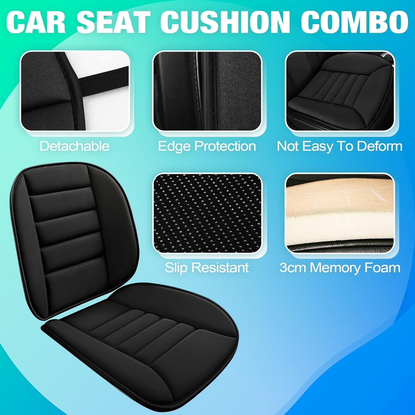 MYFAMIREA Car Seat Cushion and Lumbar Support Pillow 1.2'' Thick Memory Foam Desk Chair Cushion Back Support for Automotive Seat Driver, Travel, Leg and Back Pain Relief, Washable, Adjustable, Black