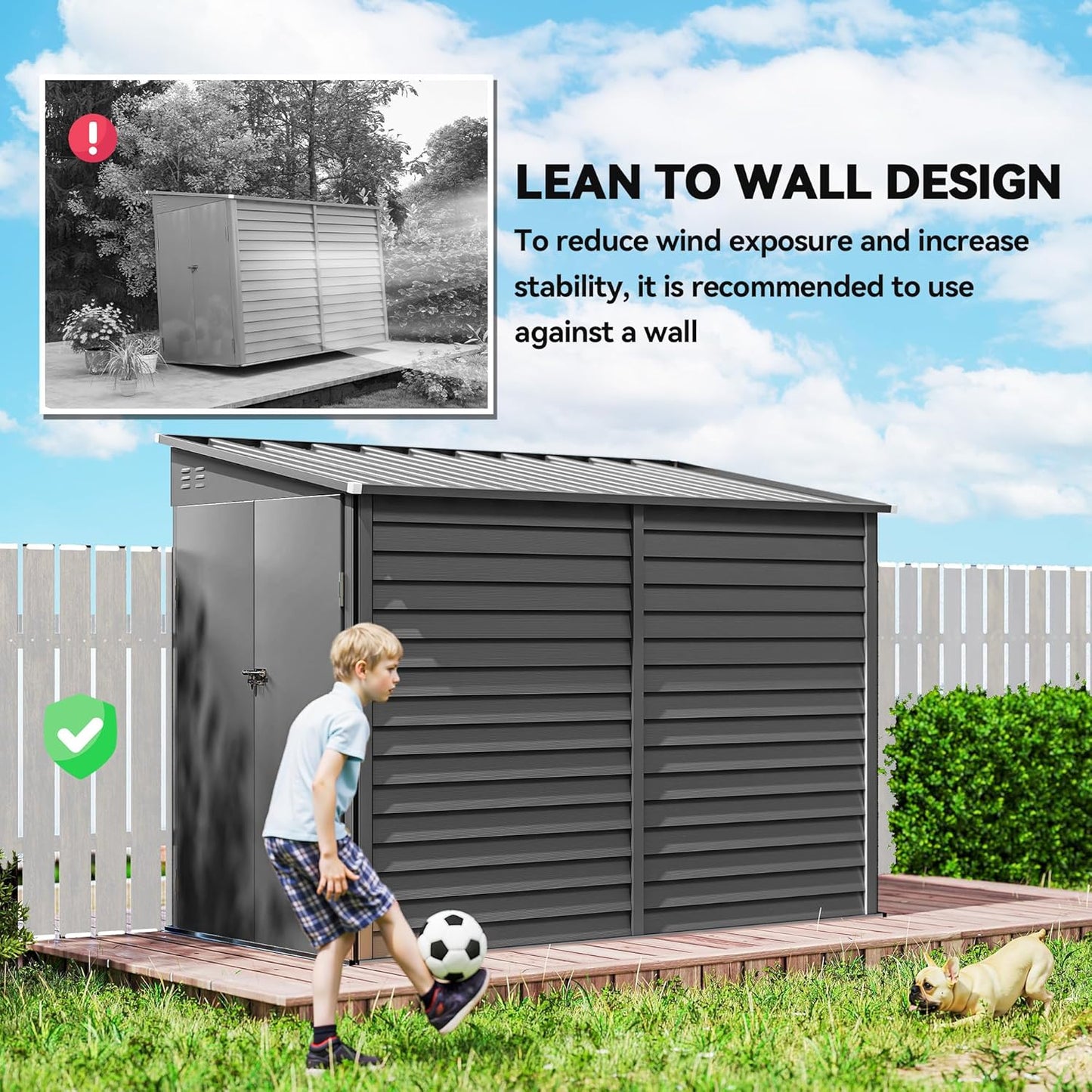 Outsunny 4.6' x 9' Steel Outdoor Storage Shed, Lean to Shed, Metal Tool House with Foundation Kit, Lockable Doors, Gloves and 2 Air Vents for Backyard, Patio, Lawn, Dark Gray