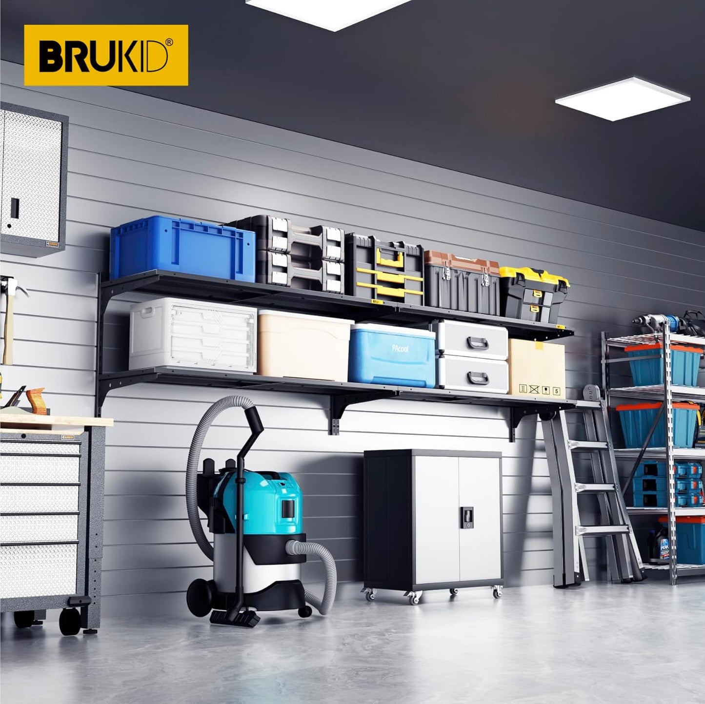 2-Pack 2 Tier 1.3x4ft Garage Shelving Wall Mounted, 800 lbs Load Capacity，15.6x48inch per Shelf Height Cassette Adjustable Floating Shelves(Black)