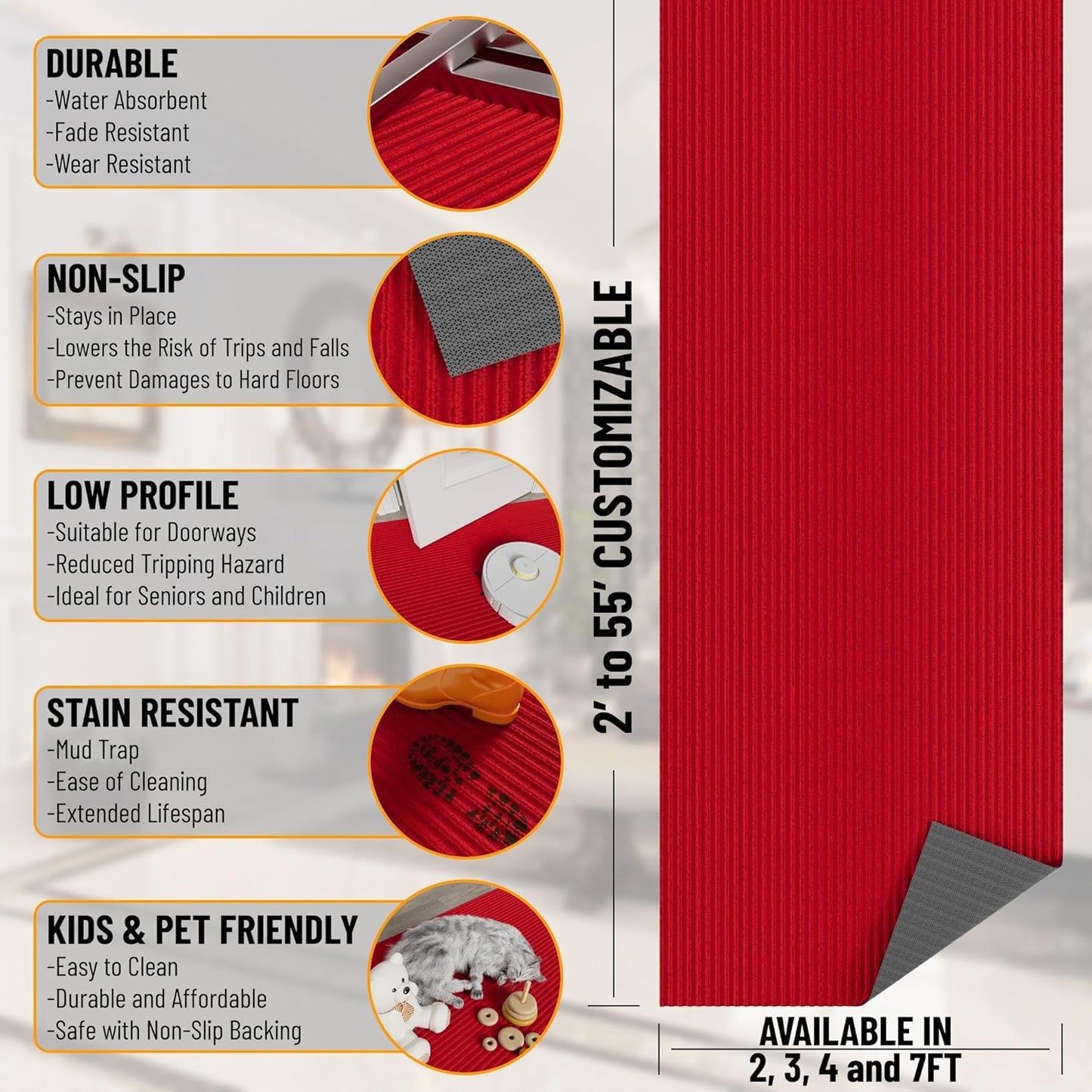 Ottomanson 2' x 25' Hallway Runner with Scraper Pile - Extra Durable Non-Slip Rug Mat for Indoor & Outdoor Use - Ideal for Kitchen, Entryway, Patio & Garage - High-Traffic Carpet, Red