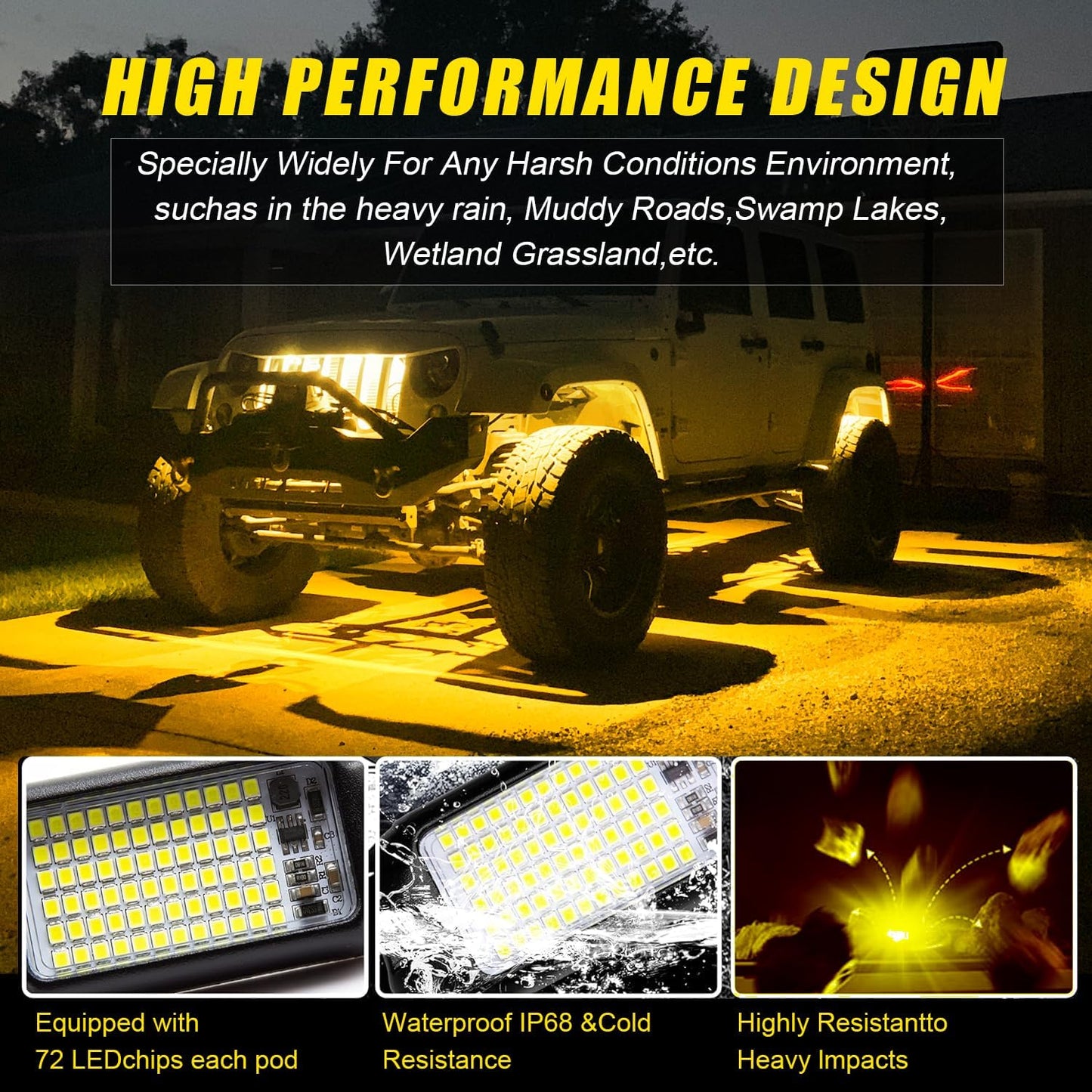 Nicoko 4Pods Pure Yellow 72 LEDs SMD Chips 72w High Power Rock Lights Super Bright Yellow Offroad Car Boat Underglow Lights IP68 Waterproof for Truck SUV UTV ATV RZR