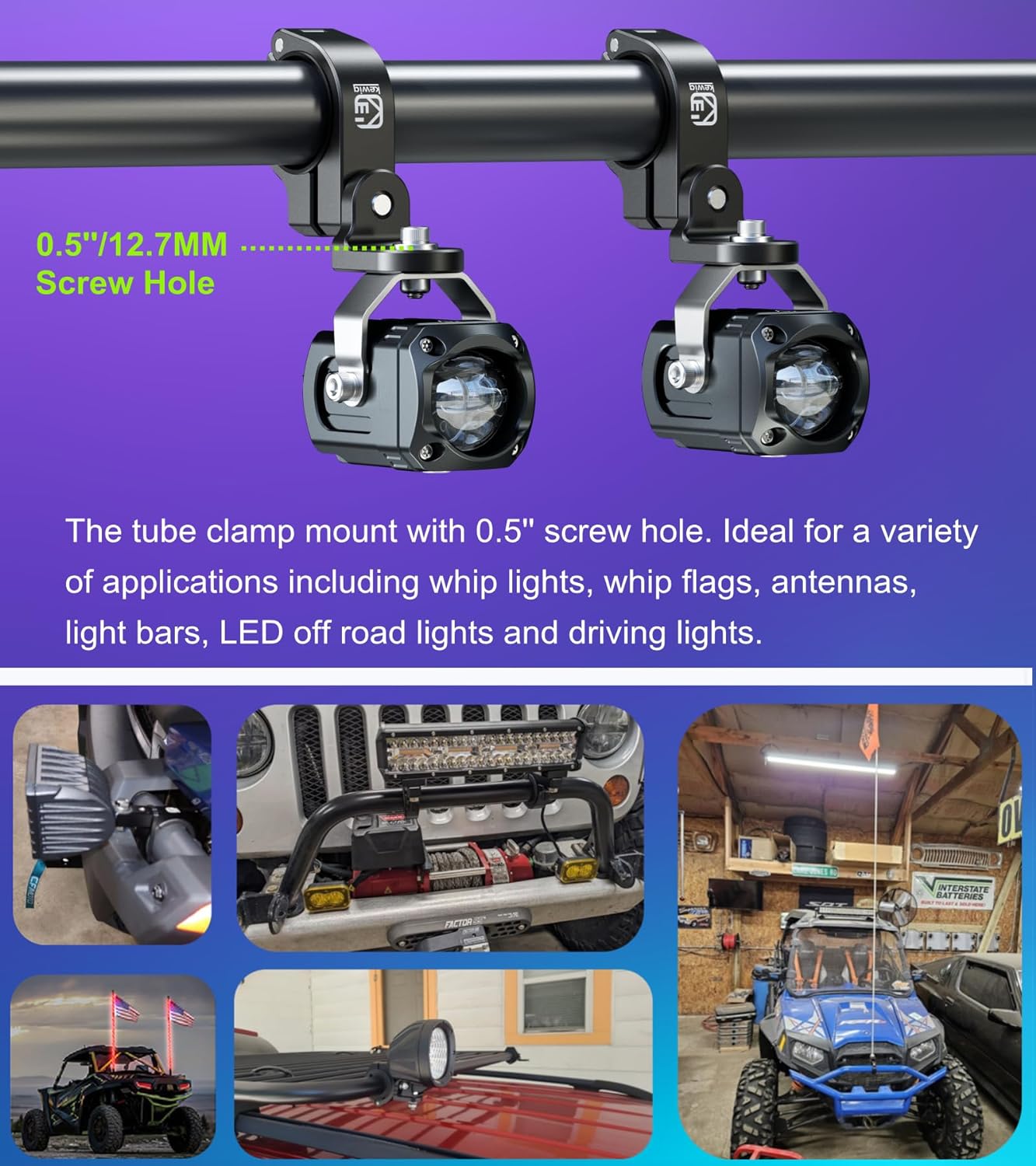 BRCOVAN Whip Light Flag Mount, Aluminum Alloy Off-Road LED Light Bar Mounting Bracket, Fit for Round Rails/Handlebars 0.875''/1"/1.125''/1.26"/1.375'' in Diameter, for ATV UTV Car Motorcycle Truck