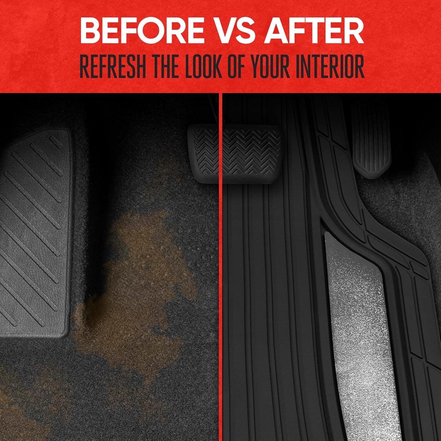 Motor Trend ChromeTech Car Floor Mats Full Set - Durable Rubber Floor Mats for Cars with Two Tone Accent, All Weather Interior Protection for Front and Rear with Non-Slip Backing, Silver Chrome