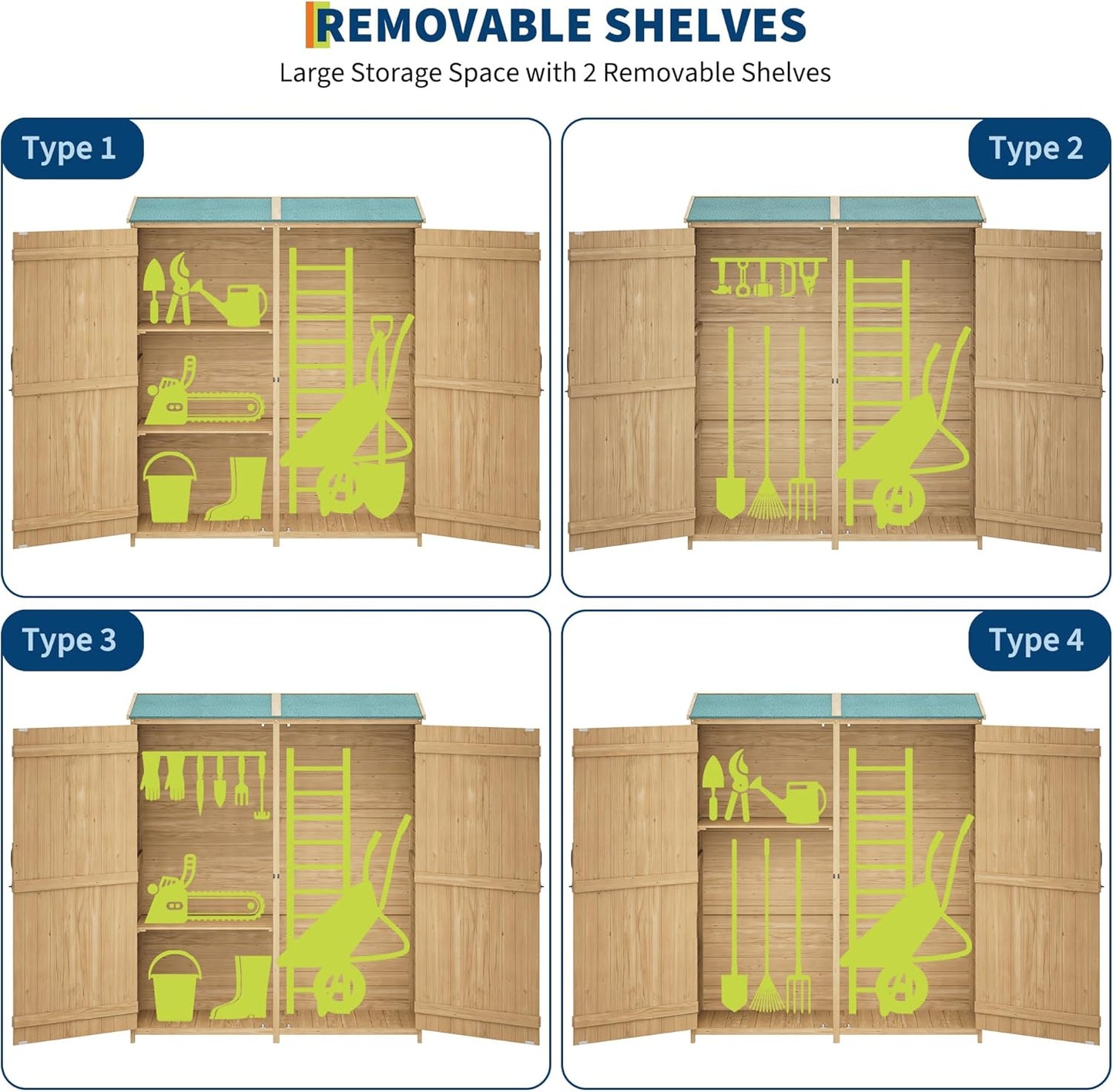 Wooden Outdoor Storage Cabinet, 64" Vertical Tall Garden Tool Shed with Waterproof Sloped Roof, Lockable Double Doors, Removable Shelves, Utility Tool Organizer for Patio, Backyard, Lawn Equipment