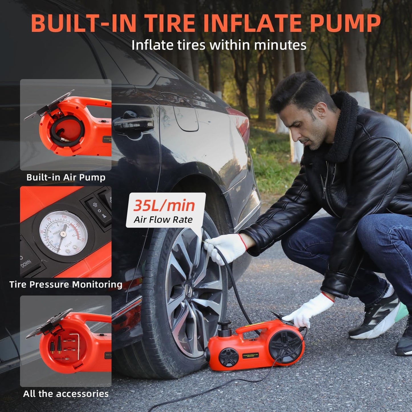 EFFIROSO Electric Car Jack for Carbon Steel Easy, 12V Hydraulic Floor Jack Kit with Impact Wrench Tire Inflator Pump SUV Emergency Lift 5Ton/11023Lbs Lifting Range 6.117.7 Incha