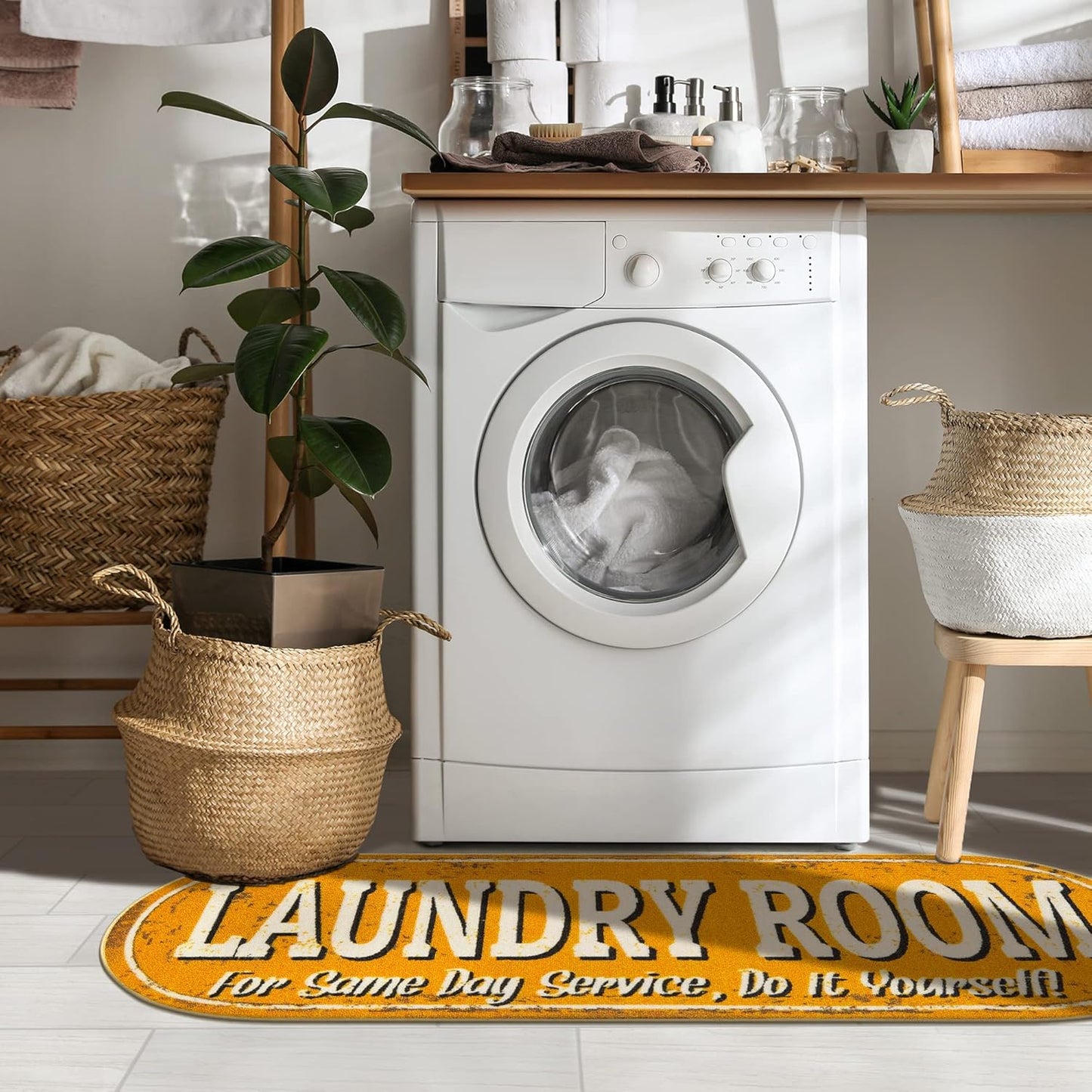 Ottomanson 20" x 59" Oval Laundry Room Rug - Non-Slip Mat for Laundry & Mudroom - Durable, Stain-Resistant, and Easy to Clean Perfect for High-Traffic Areas - Runner Rug for Entryway Bathroom, Yellow