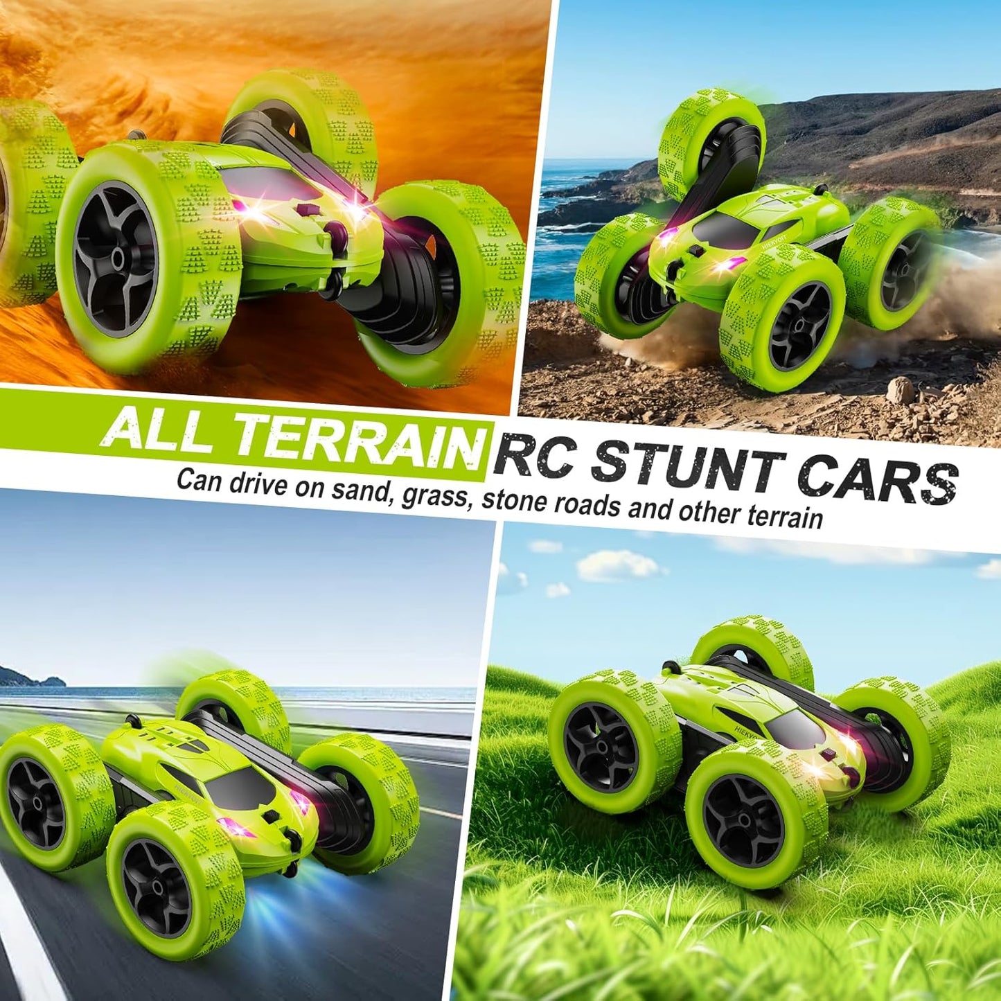 Remote Control Car for Kids Ages 6+, RC Cars Stunt Car Toy 4WD Double Sided 360° Rotating Remote Control with Headlights, Birthday Xmas Gifts for Boys 6 7 8 9 10 11 12 Green