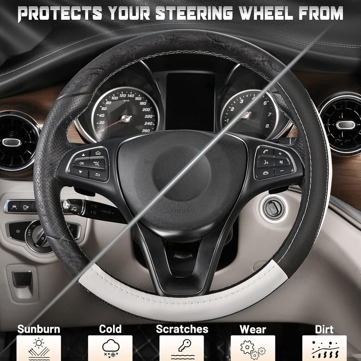 SEG Direct Car Steering Wheel Cover Universal Standard Size 14.5-15 inch, Black and White Microfiber Leather