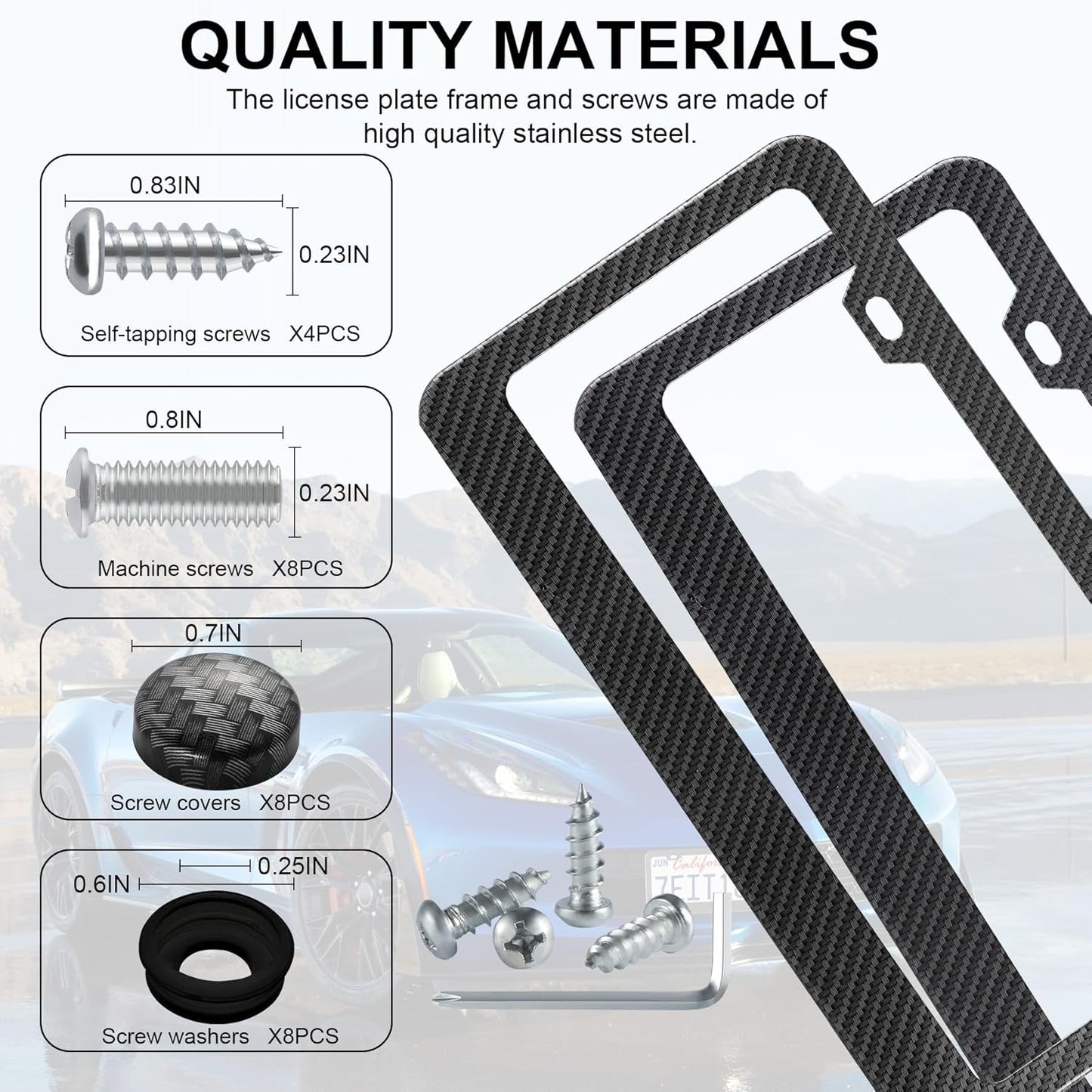 LivTee Carbon Fiber License Plate Frames, 2 Holes Stainless Steel License Plate Covers, 2PCS Car License Plate Holder, Automotive Exterior Accessories, Slim Design with Gasket Cover for US Cars