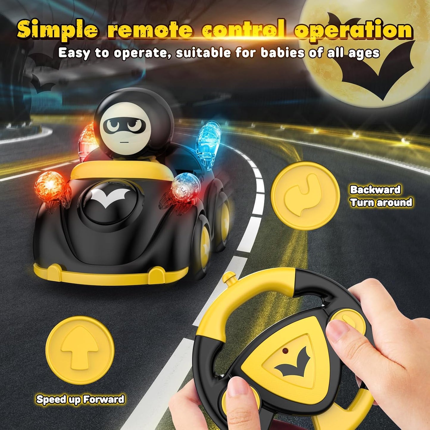 NQD Bat Remote Control Car for Toddlers, RC Cars with Music and Lights, ABS Material RC Cartoon Race Car Toys for Kids Birthday Gifts for Boys