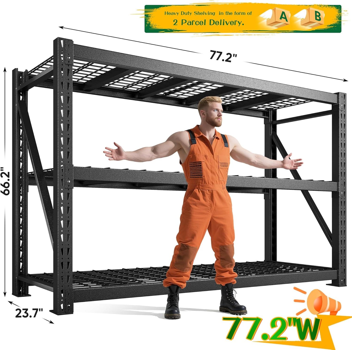 Bepatio 77" W Garage Shelving Heavy Duty, Ultra Wide Storage Shelves 3 Tier Metal Shelving Unit Adjustable Utility Shelves for Garage, Basement, Warehouse, Black 77" W*23.7" D*66”H, 2 PCS