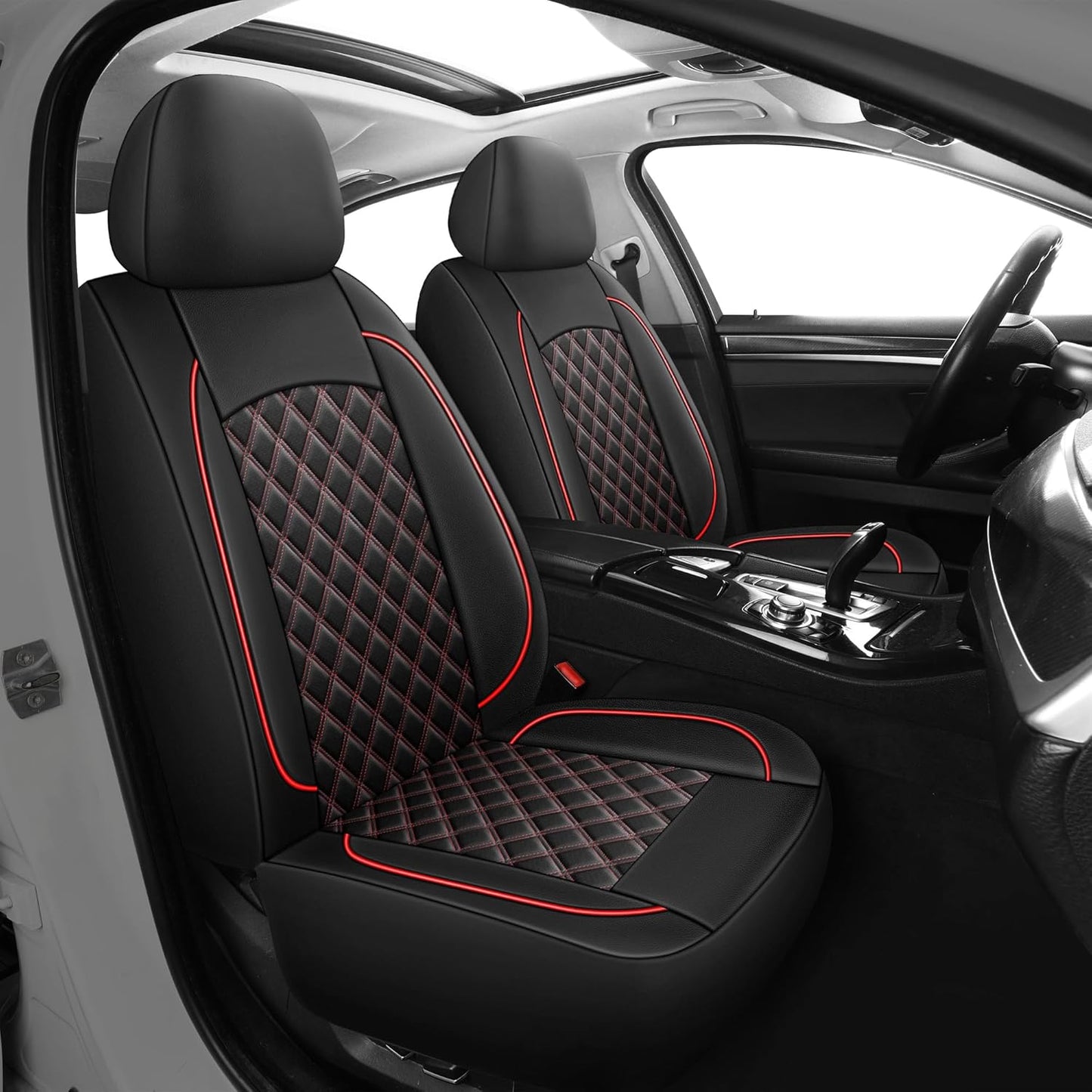 Leather Car Seat Covers,Breathable and Waterproof Napa Leather Automotive Seat Cover,Universal Interior for Cars,Sedans,SUVs,Vans,Trucks(Front Seat,Black+Red,N3)
