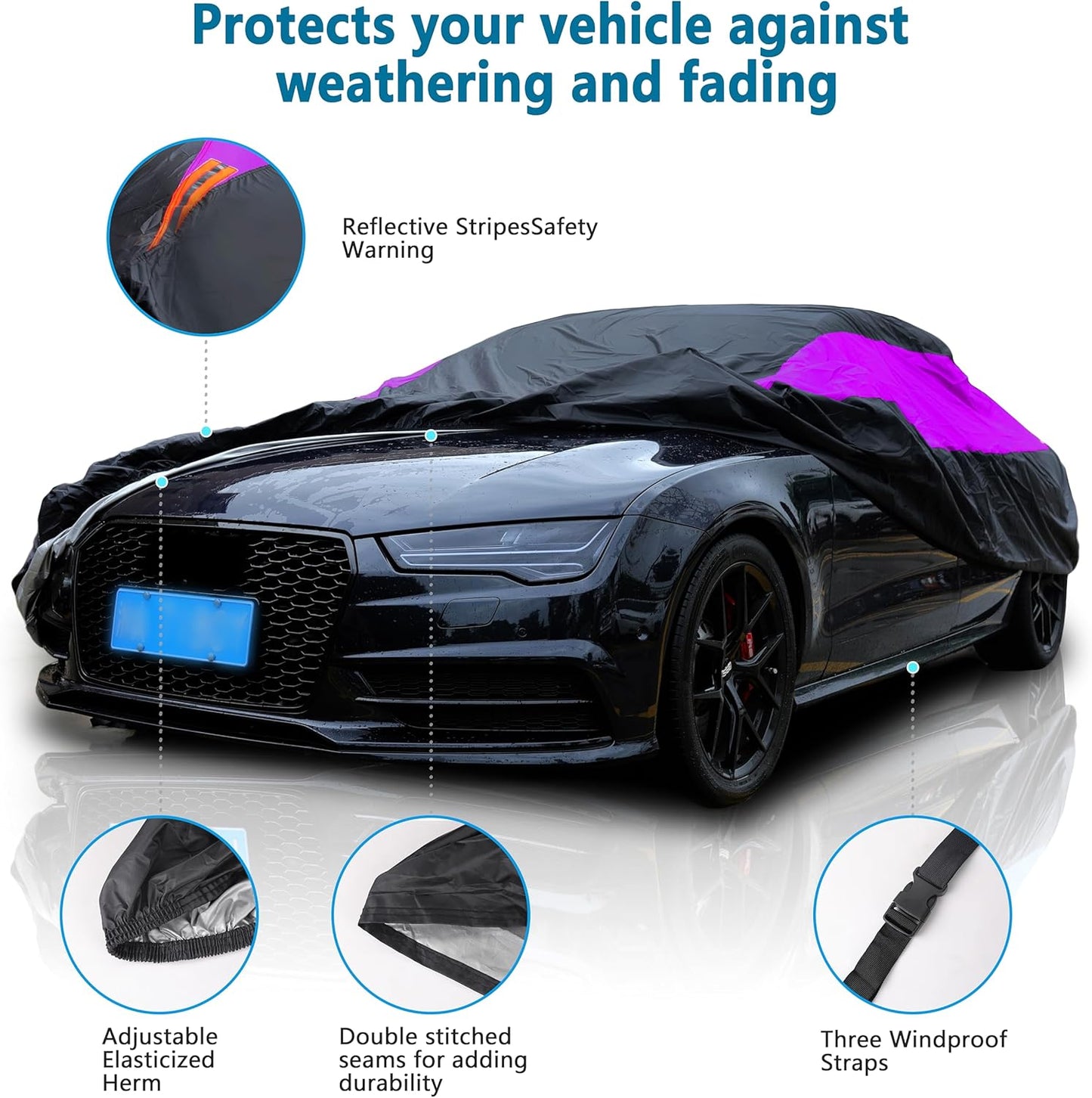 MORNYRAY Waterproof Car Cover All Weather Snowproof UV Protection Windproof Outdoor Full car Cover, Universal Fit for Sedan (Purple, A3-Fit Sedan Length(178-185 inch)