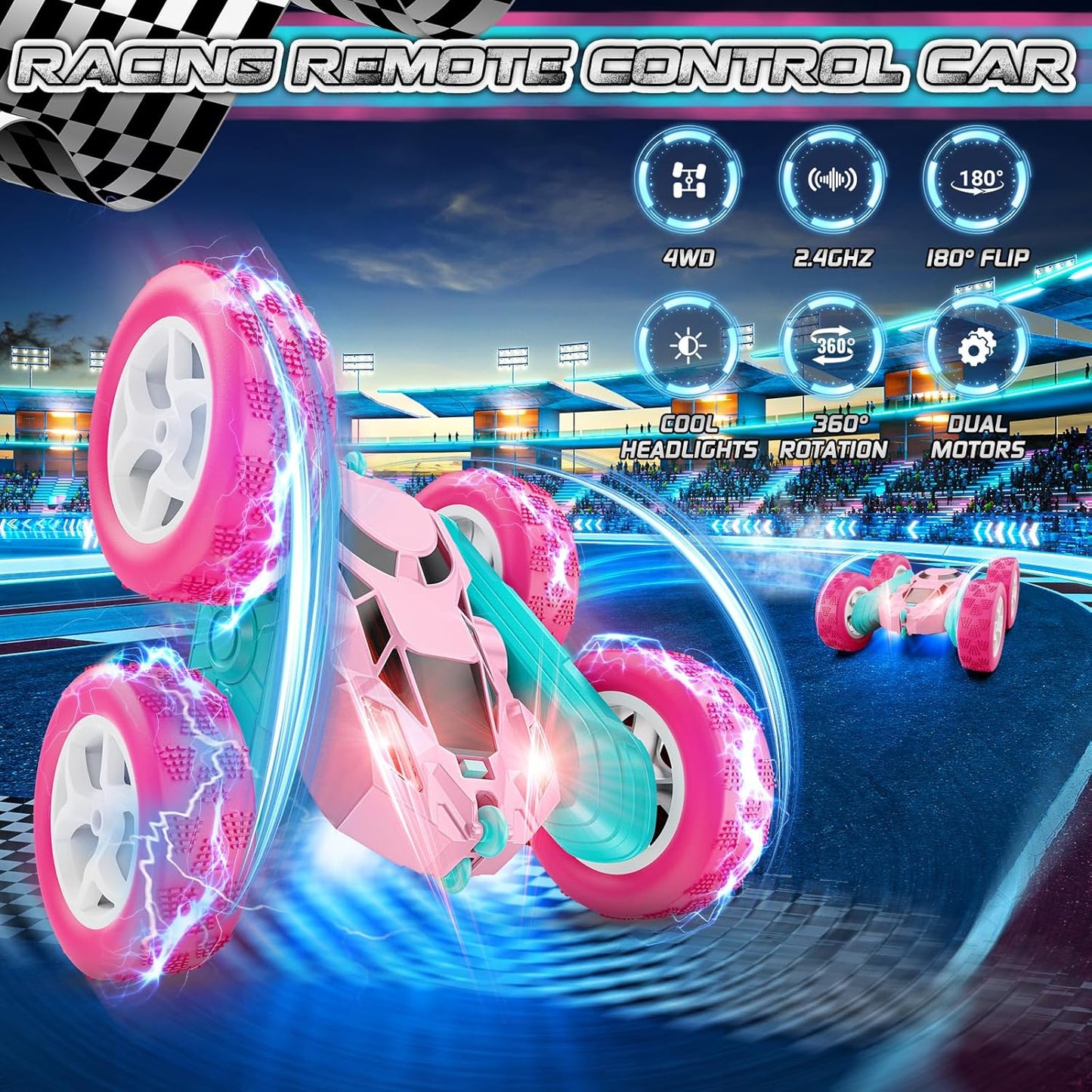 Pink Remote Control Car for Girls - RC Stunt Cars with 4WD Double-Sided Driving 360° Flips Rotating, Off Road Remote Car Outdoor Toys for Kids Age 6 7 8-12, Christmas Birthday Gifts