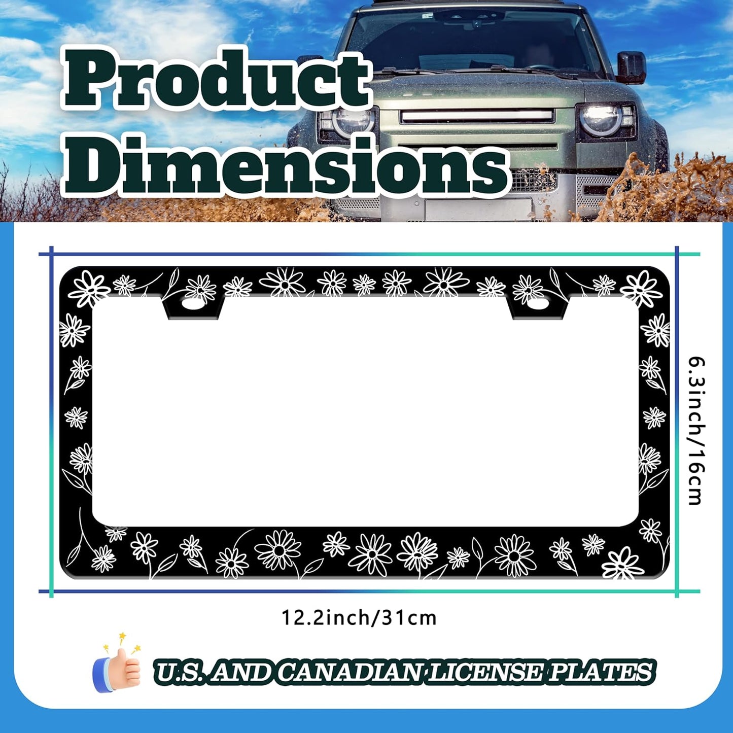 Black and White Daisies License Plate Frame Flower Art License Plate Holder for Front or Rear Car Tags Stainless Steel Funny Car Decoration with Screws 6.3 X 12.2 in