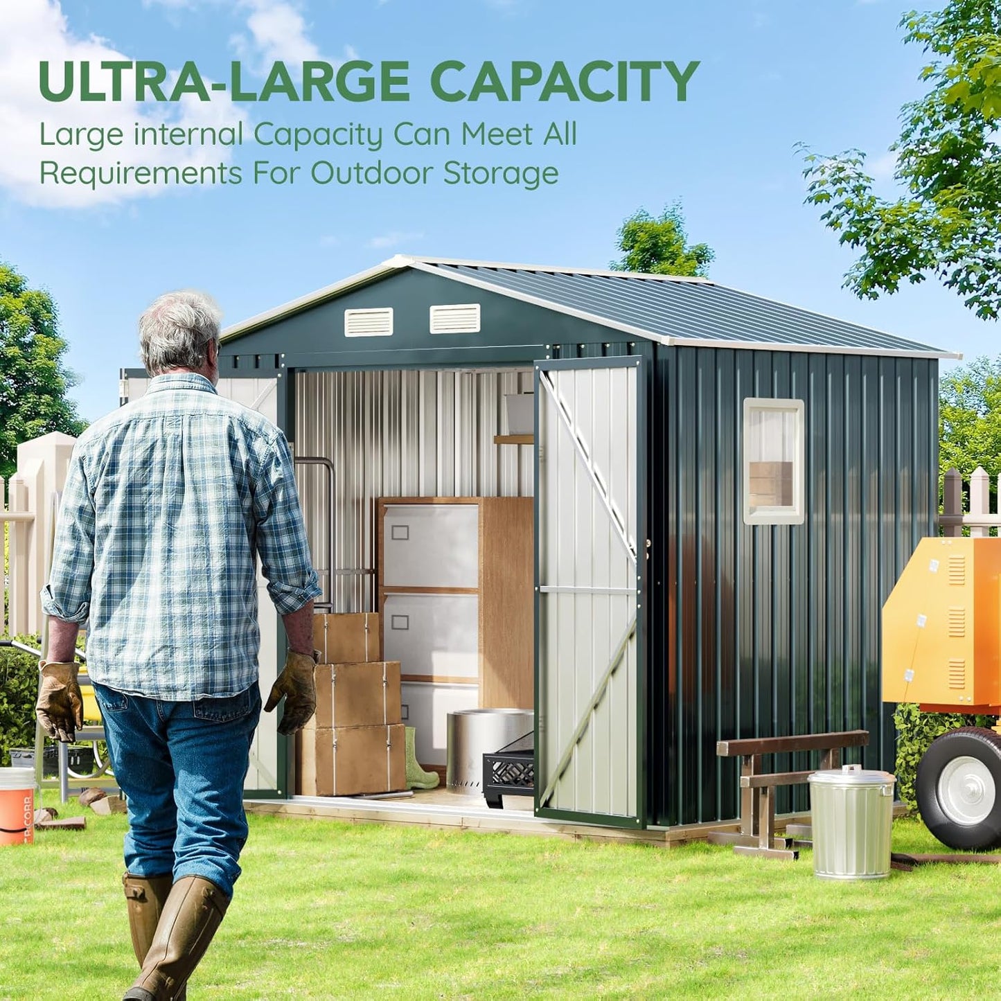 6X8X6.4FT Outdoor Steel Storage Shed with Lockable Doors, Frame Floor (No Wood/Other Boards),One Clear Window,Ideal for Garden, Backyard, Patio Storage