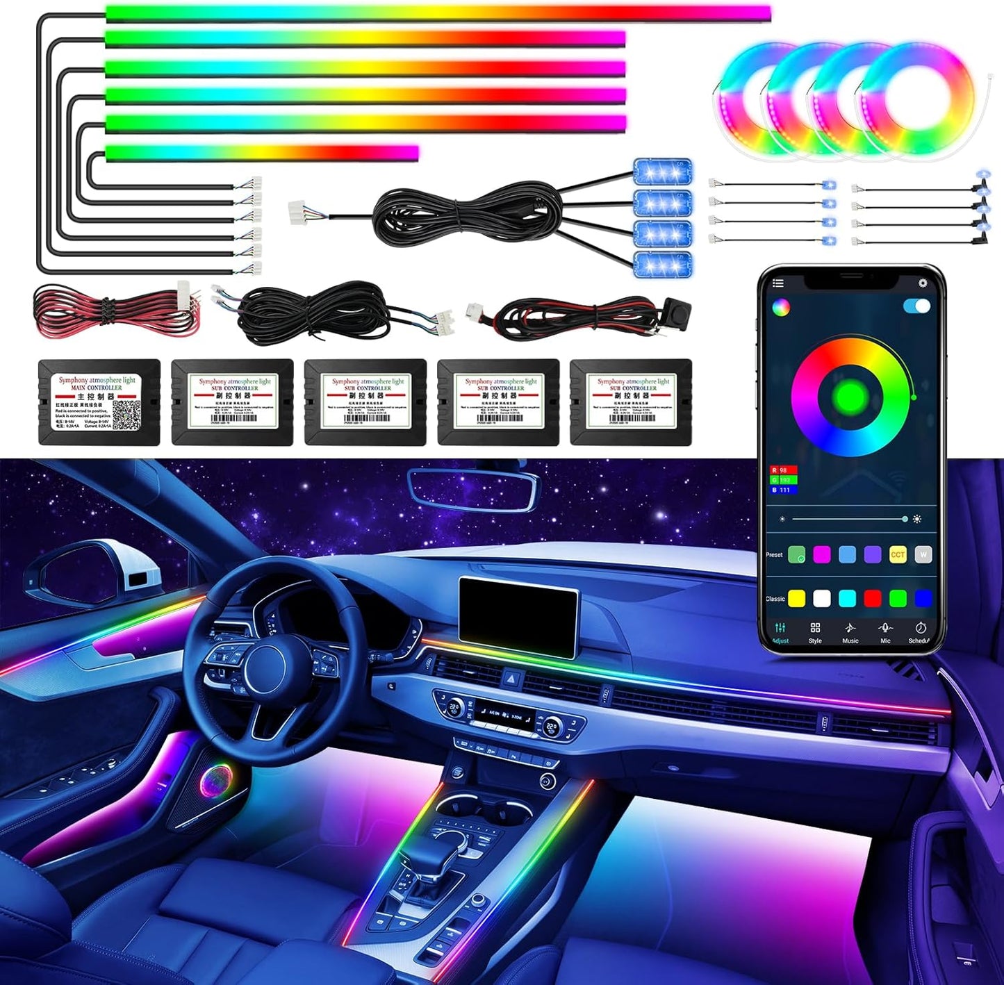 WEBUPAR Dreamcolor Acrylic Car Interior Led Kit, Car Accessories 22 in 1 RGB Car Ambient Lighting Kits with APP Control and 213 Color Modes, Multicolor RGBW Neon Car LED Strip Lights with Music Mode