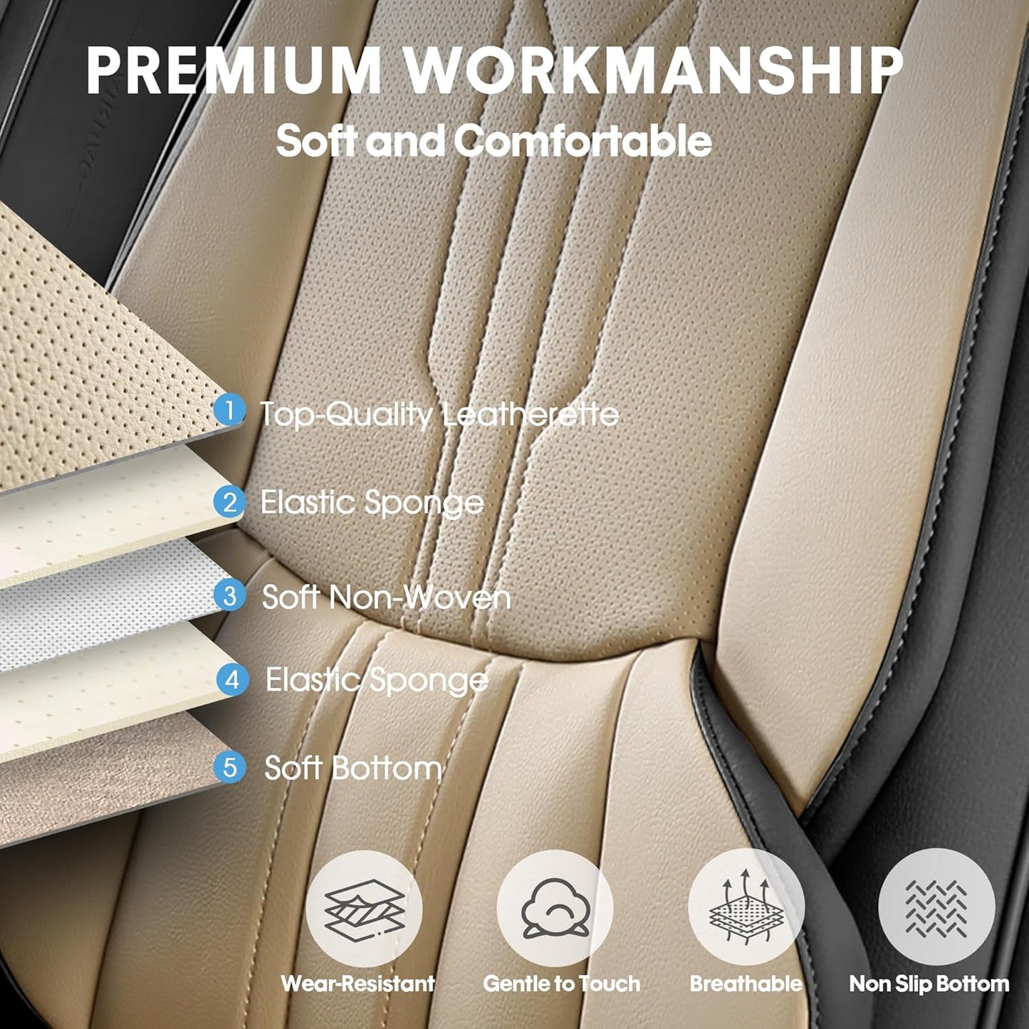 AOOG Front Seat Covers, Car Seat Covers Front Seats, Leather Seat Covers for Cars, Waterproof Seat Covers with Lumbar Support Universal Fit for Most Cars SUV Trucks(Front Pair, Beige&Black)