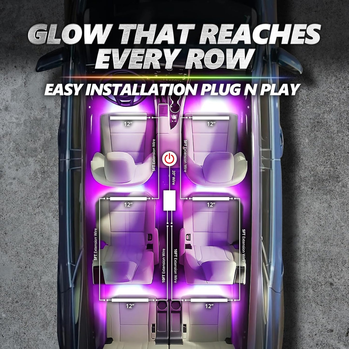 OPT7 Aura Pro 6PC Double LED Interior Strip Lights with APP & Remote Control, Multicolor Mode, Sound Active Inside Ambient Lighting Kit, Truck SUV RV Footwell Floor Decor, 12V Car Charger