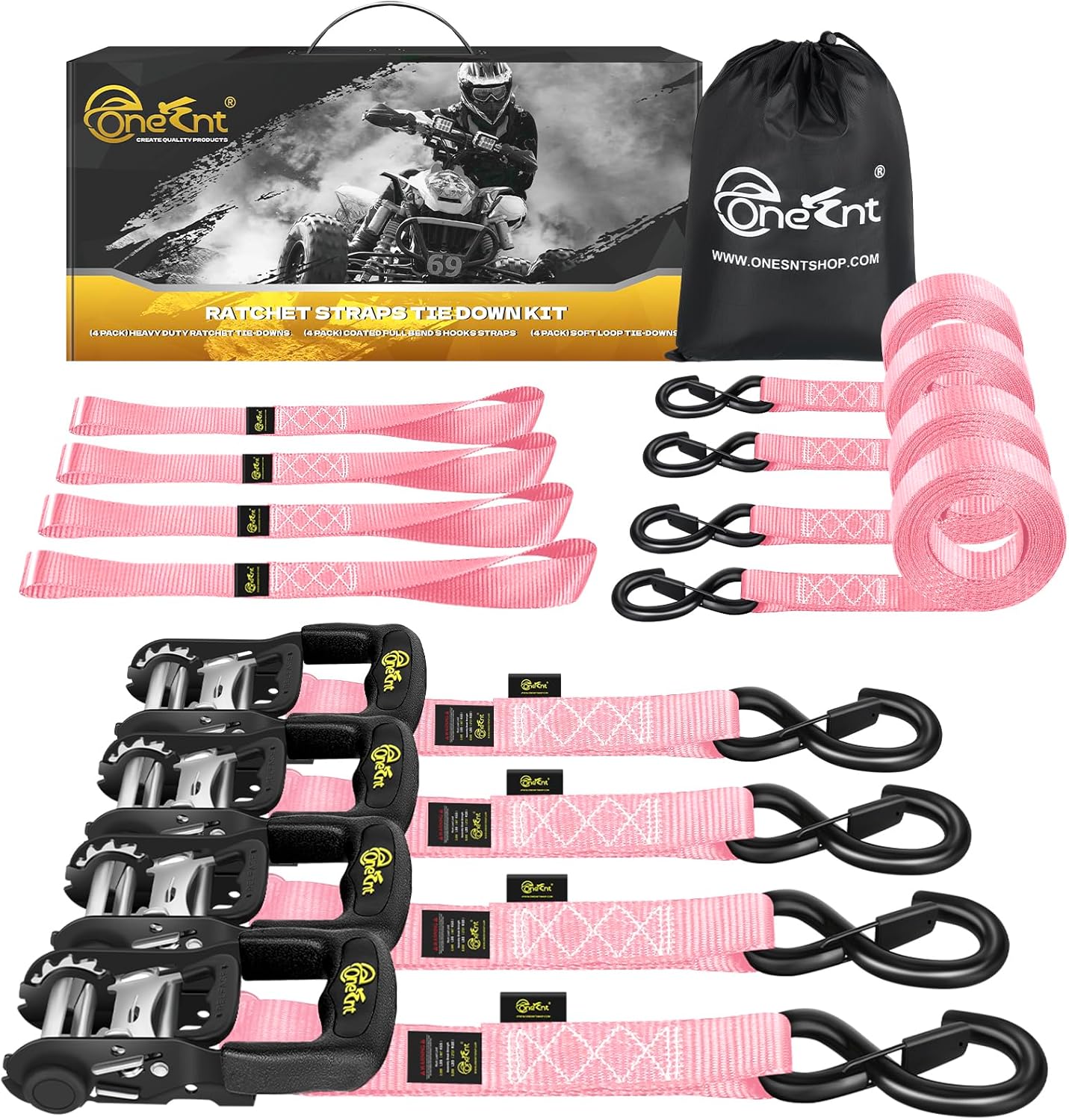 4Pcs 1.6”x 10FT Heavy Duty Ratchet Straps with Padded Handles+Coated S Hooks+Soft Loop Tie-Downs for Ratchet Strap Tie Down Kit-6000 Pound Break Strength（Pink）