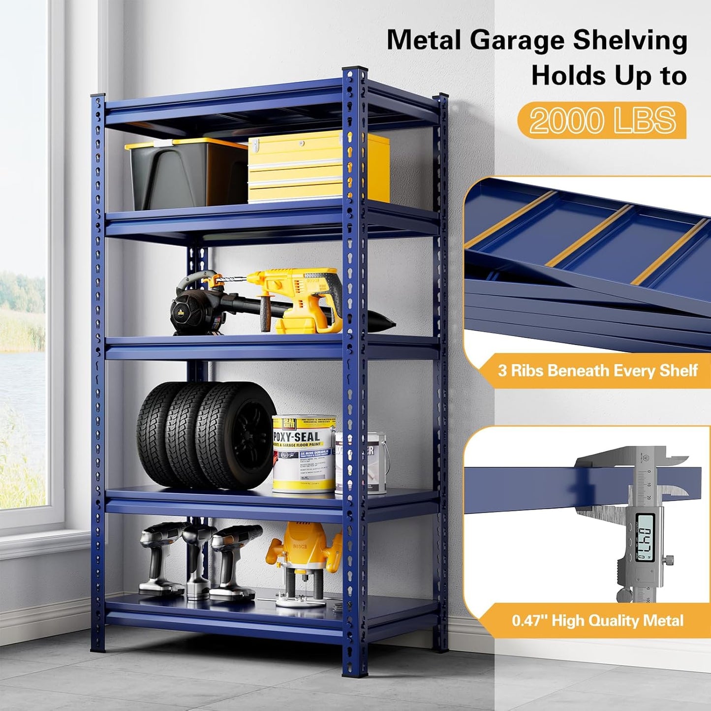REIBII Garage Shelving 2000 LBS Storage Shelves Heavy Duty Metal Shelving Unit Shelf for Pantry Closet,Kitchen,Commercial,Warehouse,32" W x 17" D x 72" H,Blue