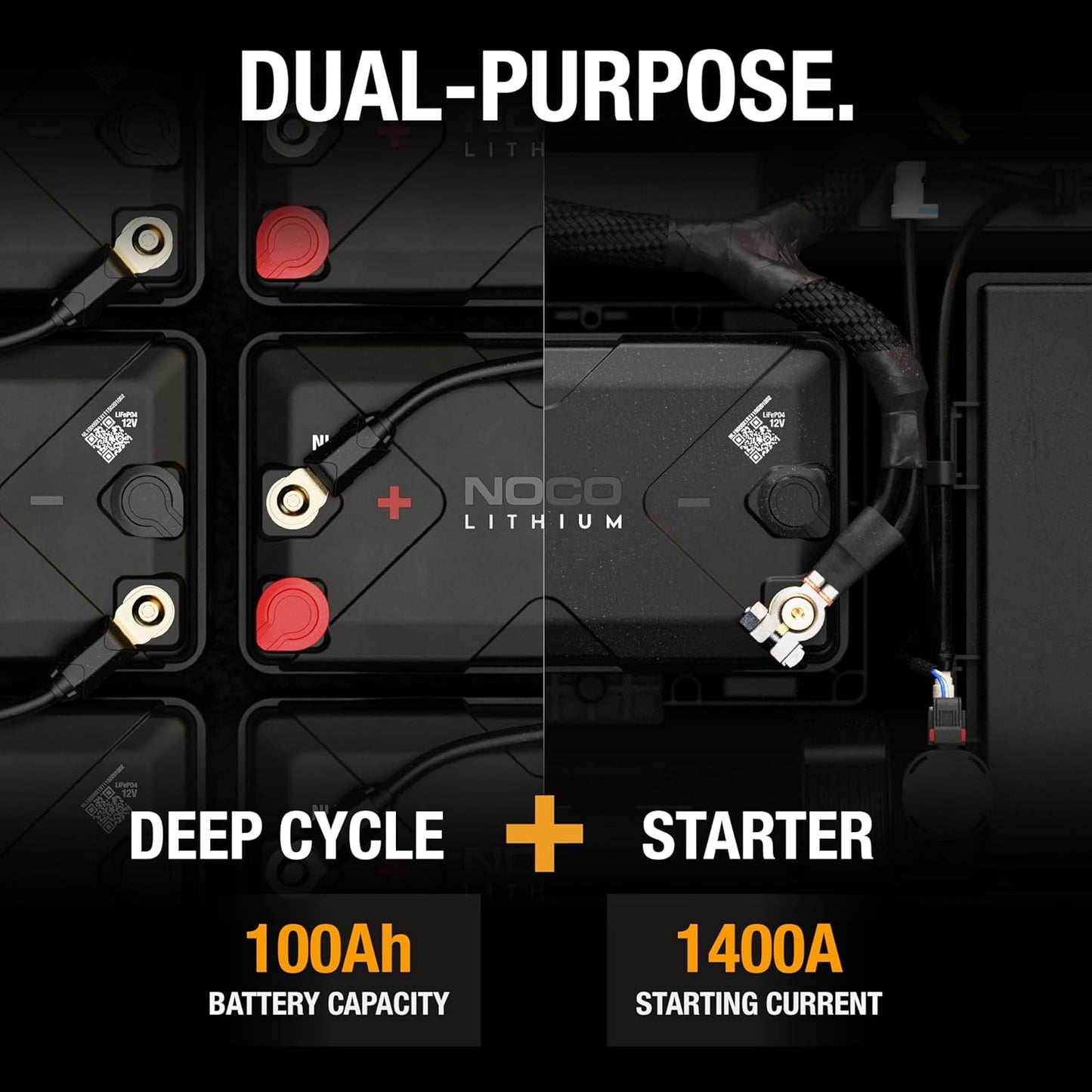 NOCO Lithium NLX27: 12V Dual-Purpose LiFePO4 Lithium-Ion Battery - 100Ah Deep-Cycle and 1400A Group 27 Starter Battery - UL Listed - Built-In Dynamic BMS