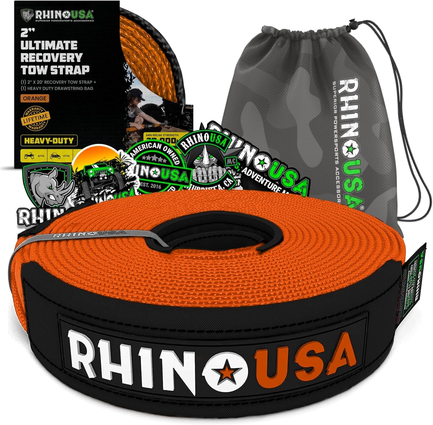 Rhino USA Recovery Tow Strap (2"x20')-20,024lb Break Strength- Emergency Recovery Strap Tow Rope for UTV, ATV & More-Heavy Duty Towing Strap for Offroad 4x4 Use-Compatible with RZR and Can-Am (Orange)