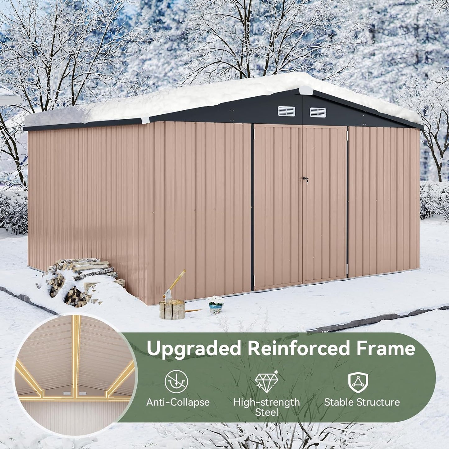 Aoxun 12x10 FT Shed Outdoor Storage Shed with Spacious Doors, Large Shed Steel Utility Tool Shed Storage House with Door & Lock, Metal Sheds with Sloped Roof for Garden Patio Lawn Poolside, Brown