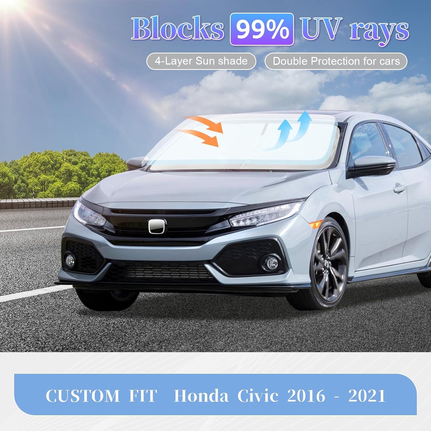 for Honda Civic 2016-2021 Sun Shade Sunshade Windshield Cover, 4-Layer Front Window Shade Custom Fit Civic Sedan, Coupe, Hatchback, LX, EX, EX-L, Sport,Touring, Si Sun Visor 240T Shade