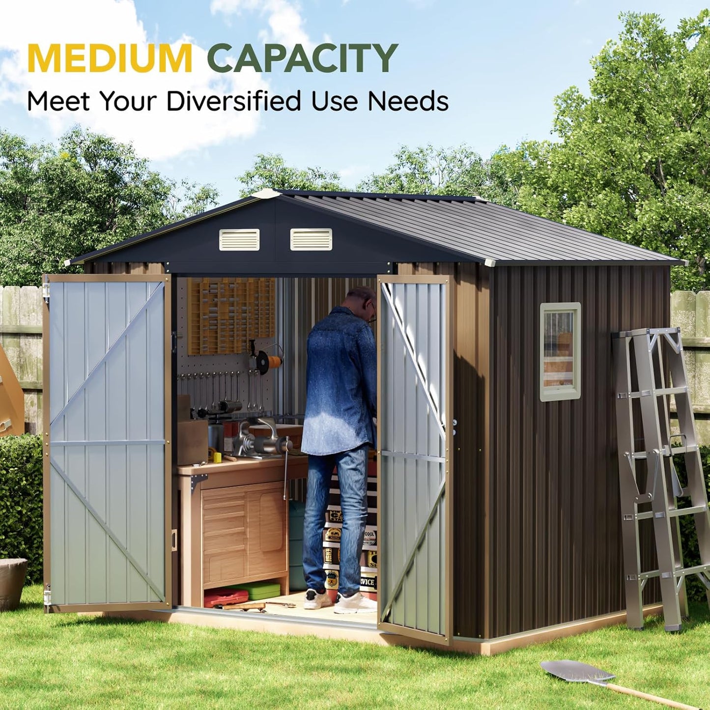 Breezz 6X8FT Outdoor Steel Storage Shed with Clear Window, Lockable Doors, Weather-Resistant Metal Tool Shed for Garden, Backyard, Patio, and Utility Storage.Brown