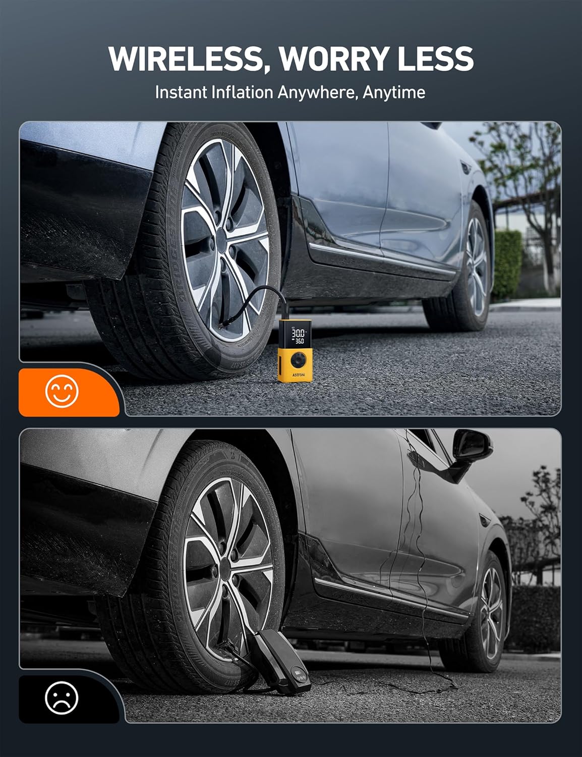 AstroAI Tire Inflator L7S Portable Air Compressor Cordless Bike Air Pump with Digital Dual Values Display, 150 PSI Car Tires Pump with LED Lights Air Pump for Auto, Motorcycles, Bikes, Balls