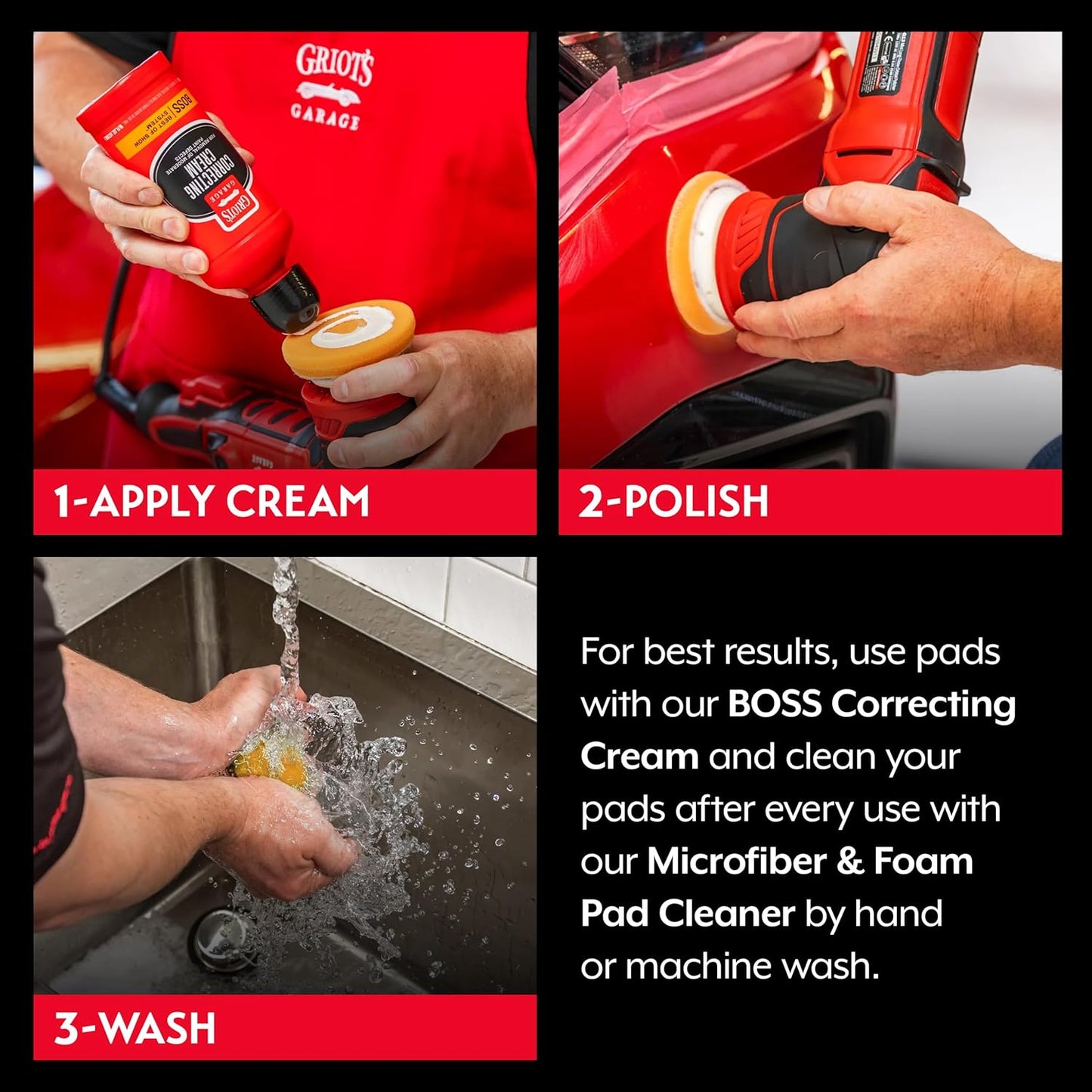 Griot's Garage Orange Foam Correcting Pads for Car Polishing and Detailing, Removes Light to Moderate Paint Defects, Durable, Machine-Washable, 11241, 3", Set of 3