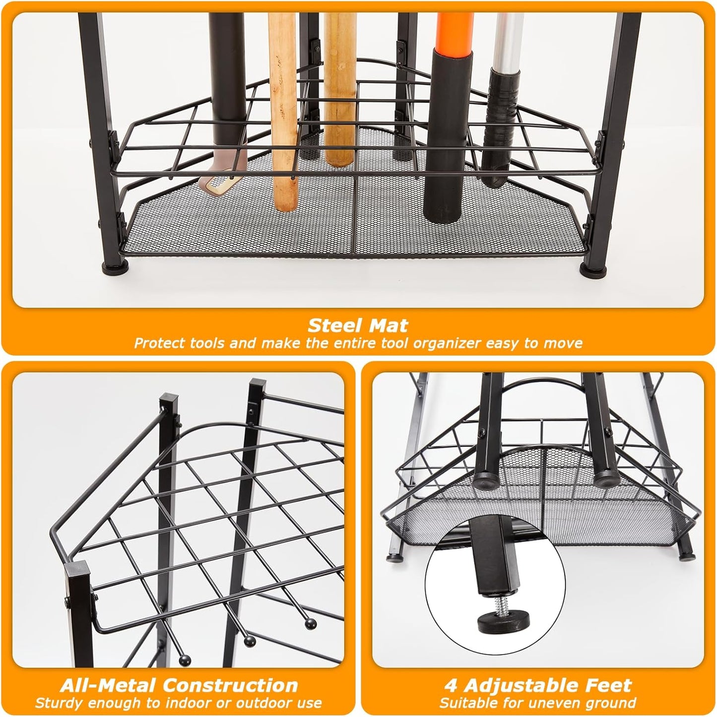 Garden Tool Organizer for Corner, Holds 35 Long-Handled Tools/Rakes/Brooms/Shovles for Garage Organization and Storage, Shed, Outdoor, Lawn, Heavy-Duty Steel, Black, Easy Assembly (Triangle Organizer)