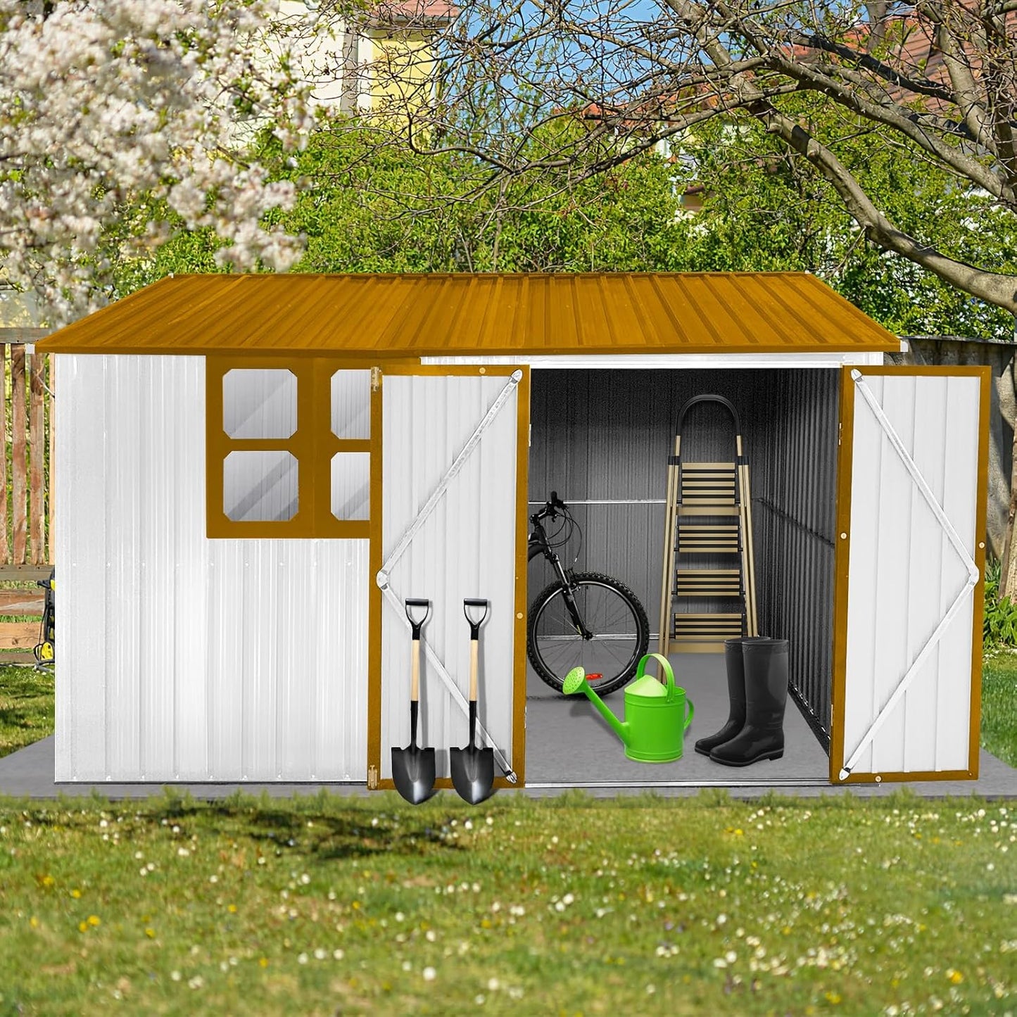8x10 FT Outdoor Storage Shed, Metal Garden Shed with 4-pane Window, Outside Tool Shed with Lockable Hinged Doors & 4 Air Vents, Waterproof Storage Building for Backyard, Patio, Lawn, White+Yellow