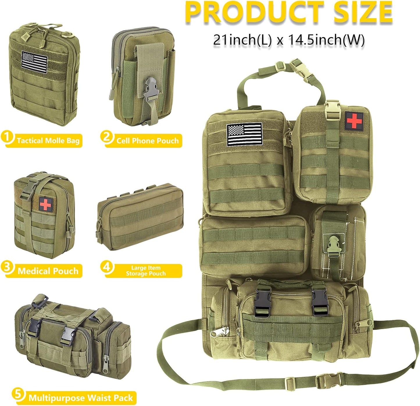 Universal Tactical Seat Back Organizer Vehicle Molle Panel Organizer Storage Bag with 5 Detachable Molle Pouch for All Vehicel Such as Jeep,Truck,SUV, Car, Ford,Chevy etc