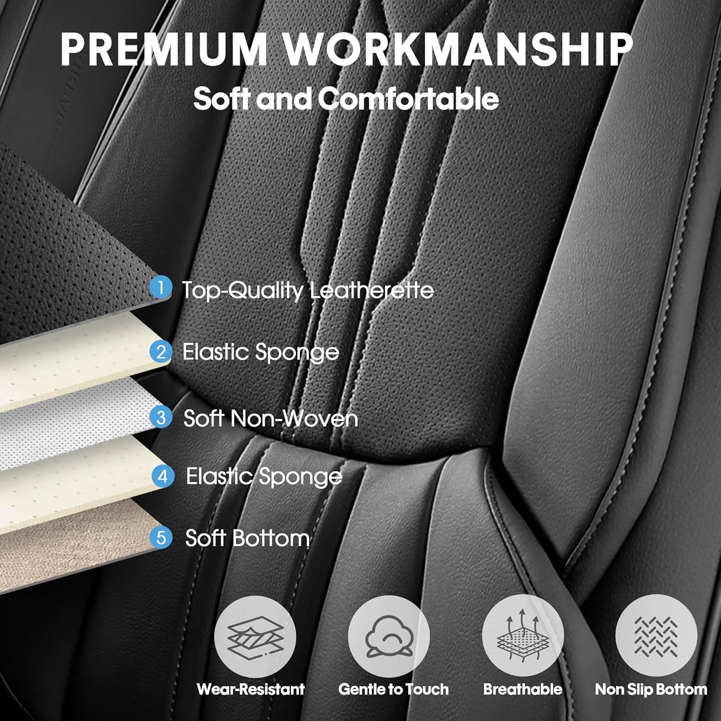 AOOG Front Seat Covers, Car Seat Covers Front Seats, Leather Seat Covers for Cars, Waterproof Seat Covers with Lumbar Support Universal Fit for Most Cars SUV Trucks(Front Pair, Black)