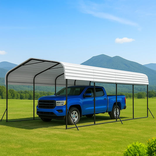 12x20 Metal Carport with Base Fixings Heavy Duty Garage Outdoor Chrome Plated Frame and Sheet Metal Construction Suitable for Boats, Cars, Tractors and Agricultural Equipment, White