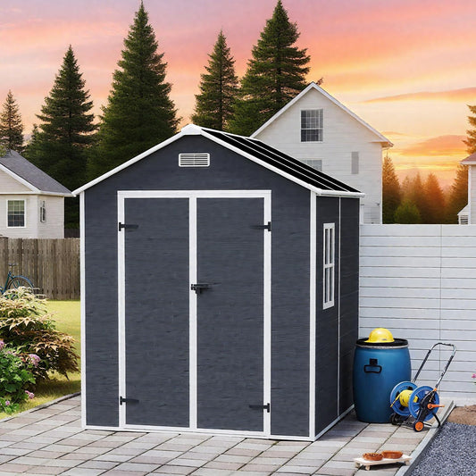 6x6 FT Outdoor Storage Resin Shed with Floor,Waterproof Plastic Garden Bike Shed with Lockable Door, Sloped Roof, Vents & Windows, Easy Assembly Tool Shed for Lawn, Backyard, Patio, Black