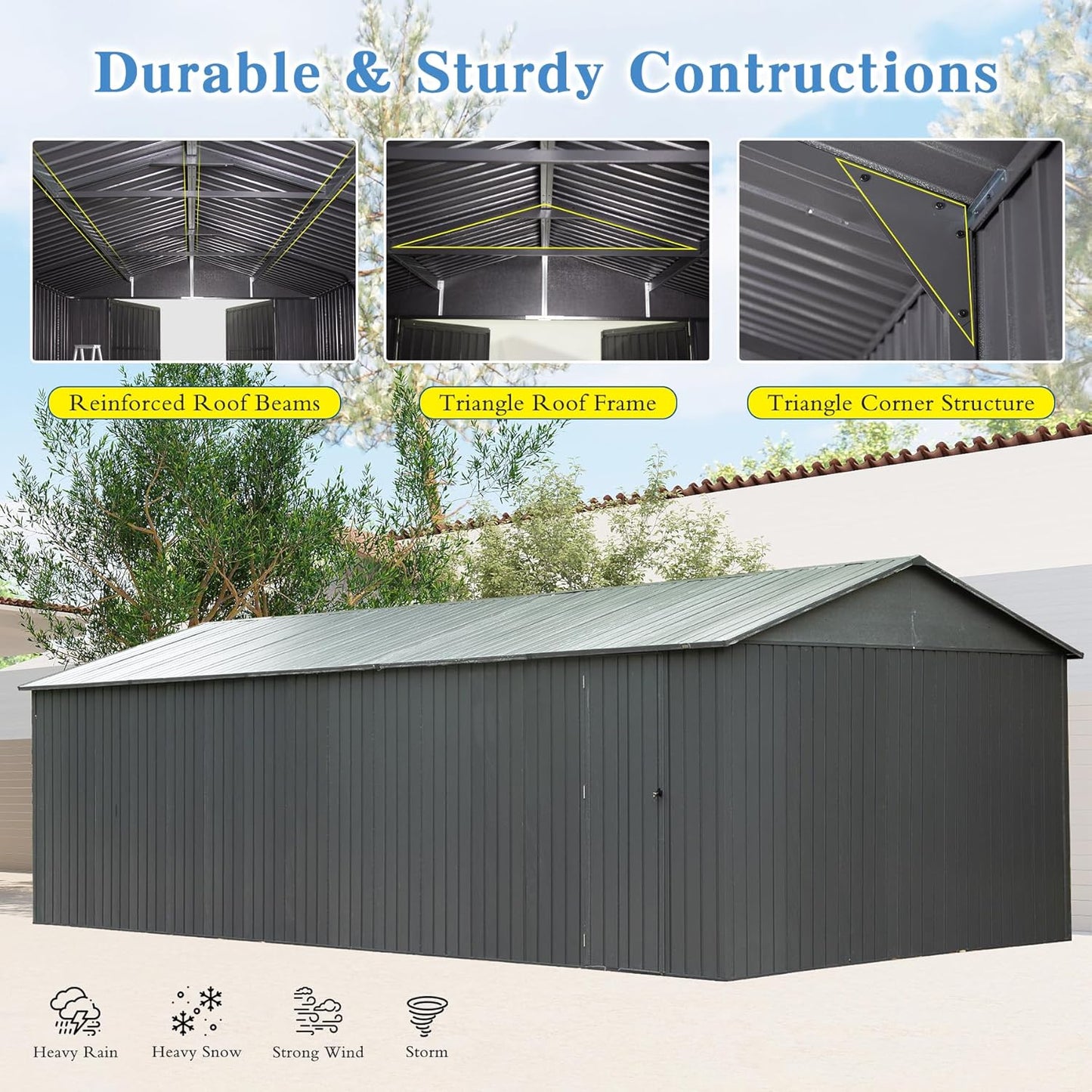 Domi 12x20FT Outdoor Garage Metal Shed, Extra Large Carport with Skylights & Dual-Entry, Backyard Storage Shed for Car, Truck, Lawn Mower and Tool, Dark Grey