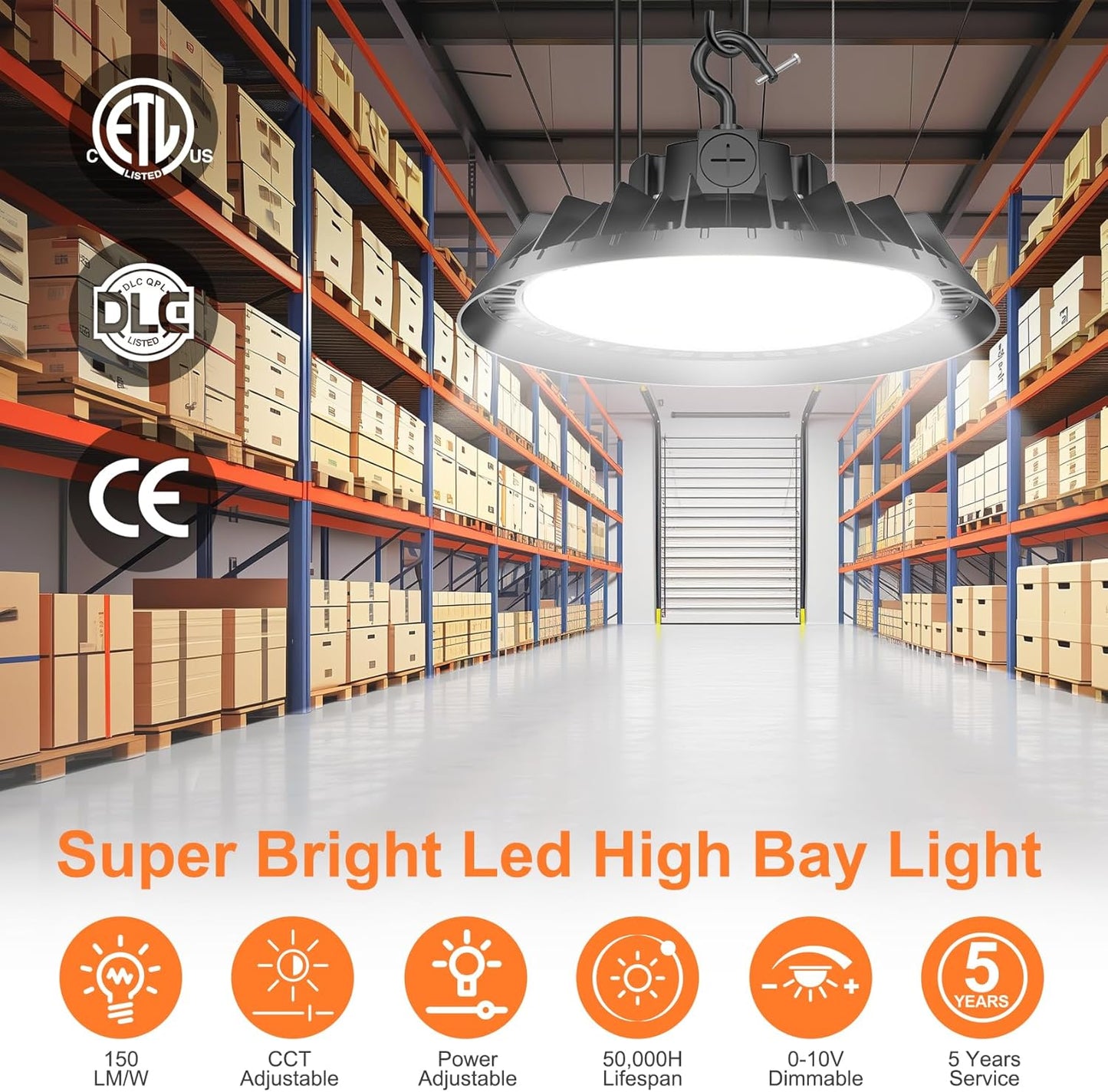 6Pack LED High Bay Lights, 240W UFO High Bay LED Shop Lights, 36000LM Adjustable CCT(5700K 5000K 4500K) & Power(240W 200W 150W), 0-10V Dimmable, 5' Cable Plug, IP65 Waterproof, ETL & DLC Listed