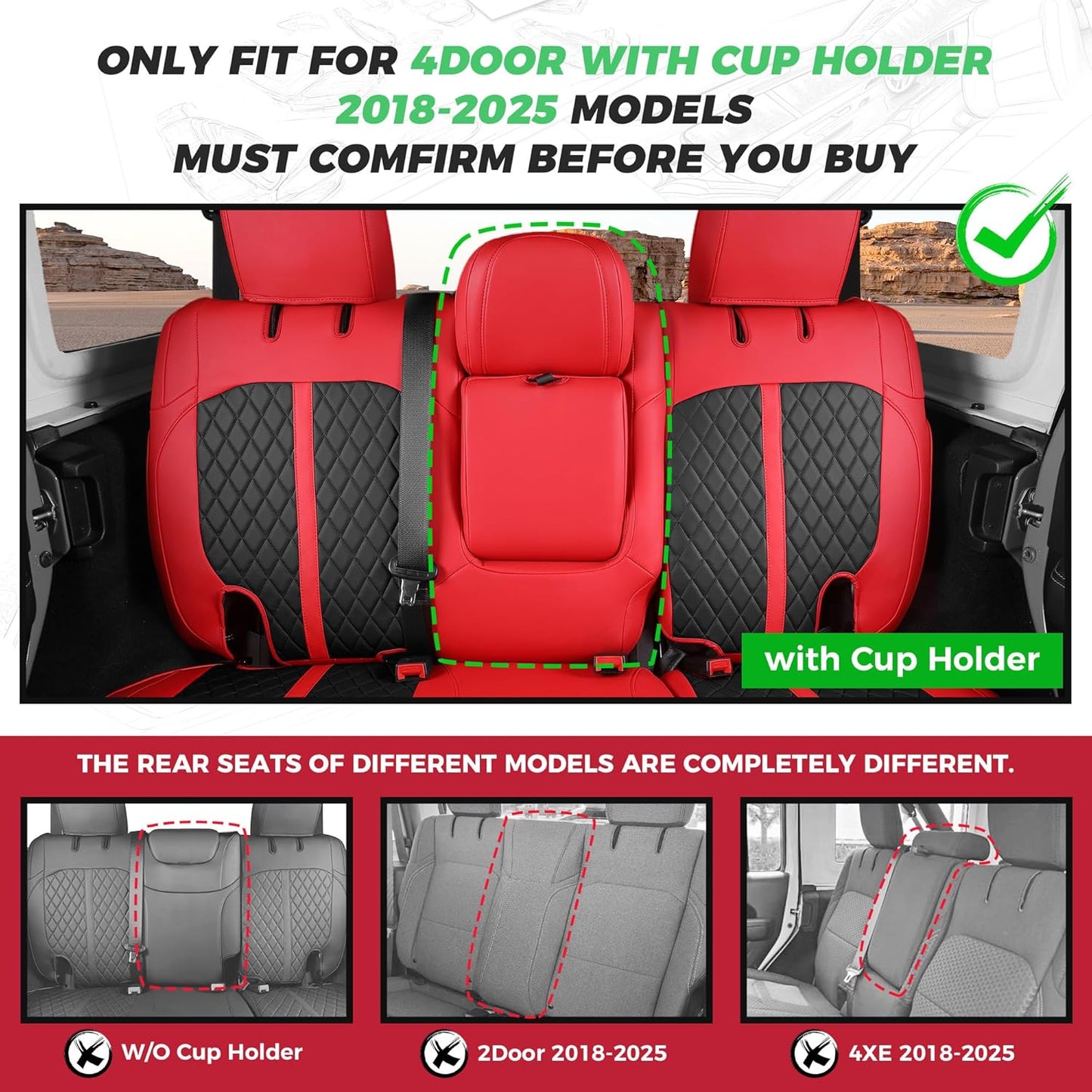 for Jeep Wrangler Seat Covers 4Door JL 2018 2019 2020 2021 2022 2023 2024 2025, Custom Fit Car Seat Cover Full Set, Luxury Waterproof Leather Seat Protectors, Red Black, with Rear Cup Holder