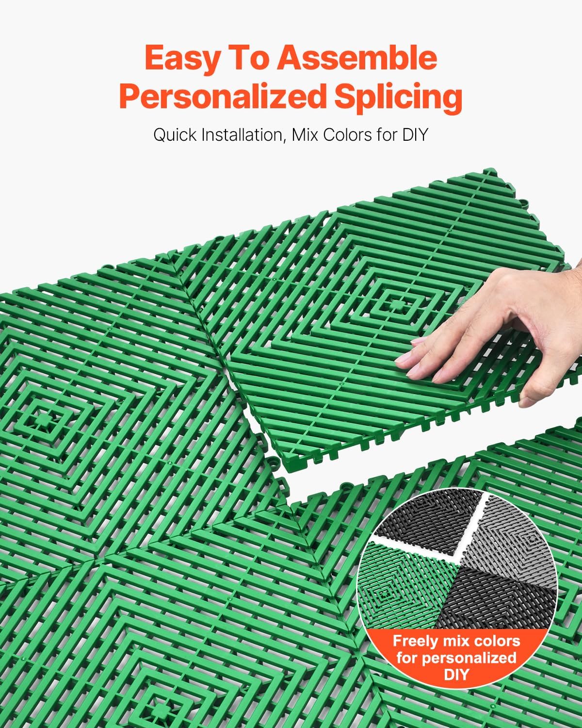 VEVOR Interlocking Drainage Mat, 50 Pcs Modular Interlocking Cushion, 12” x 12” Splicing Drainage Mats, Non-Slip Green PP Drainage Floor Tile and Shower Mat, for Garage, Garden, Kitchen & Outdoor