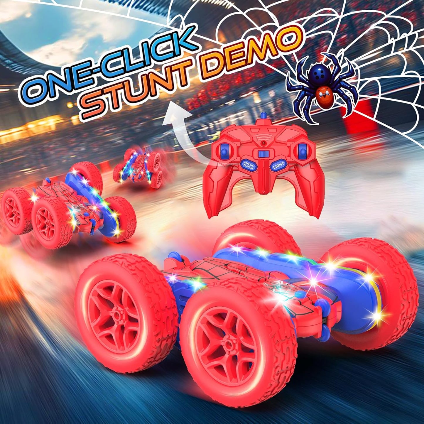 Remote Control Car Spider Rc Cars New Upgraded Strip Lights and Headlights Car Toys Double-Sided 360° Rotating Rc Truck for Boys Girls Birthday Gift (Red)